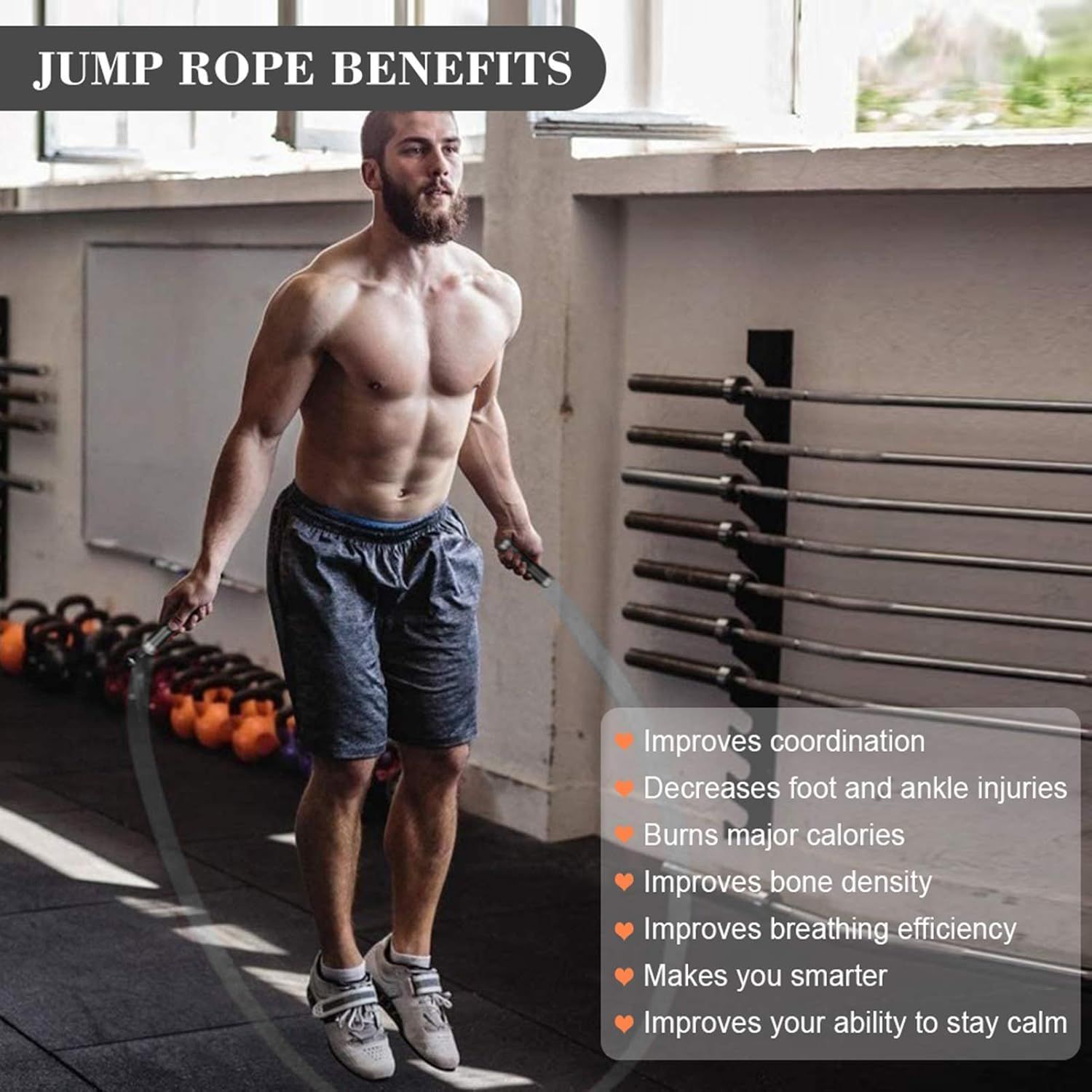 Communicates multiple distinct health and fitness benefits of using a jump rope to persuade shoppers of the product's comprehensive value for physical and mental wellness.