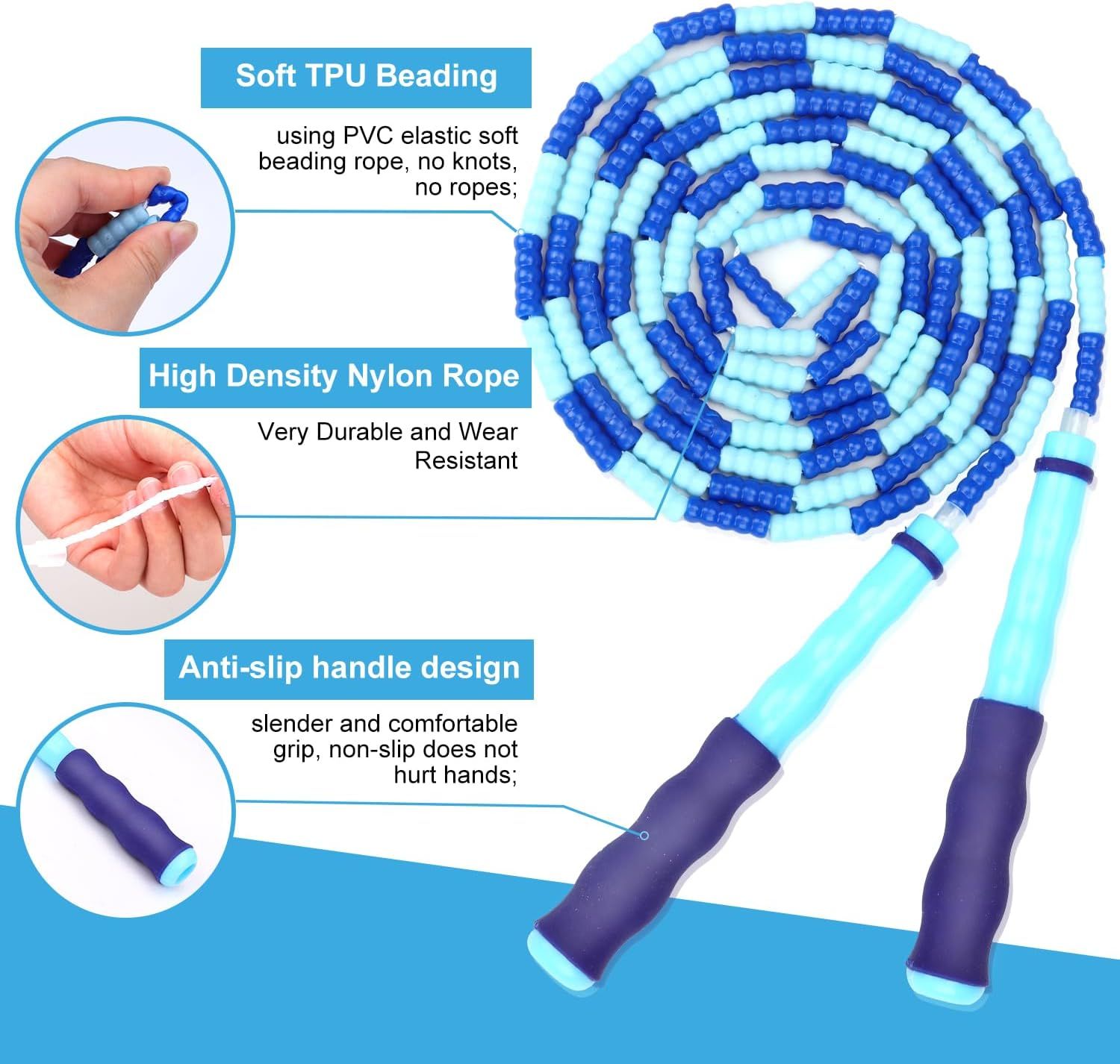 This image breaks down the jump rope's key physical components—the soft beading, durable rope, and ergonomic handles—to help shoppers understand the product's construction and quality features.