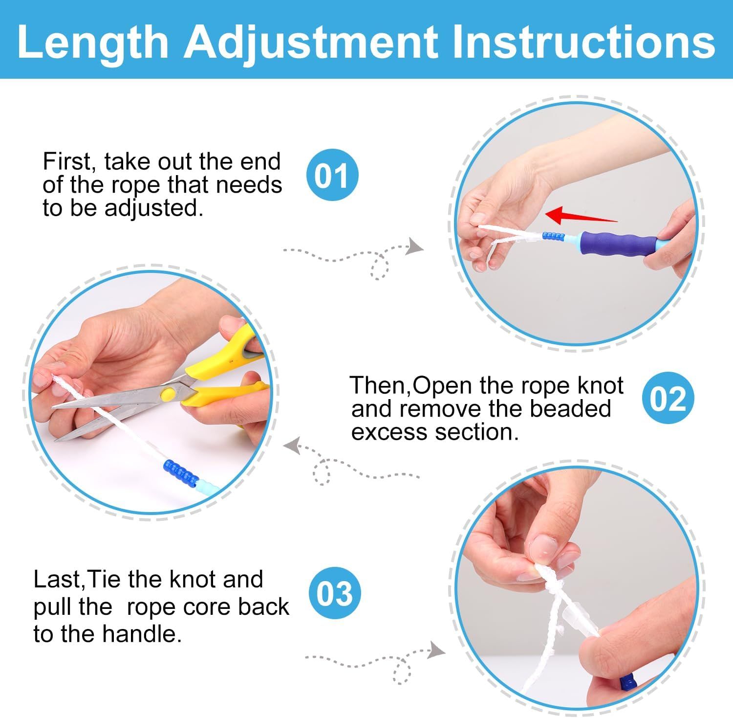 Provides step-by-step instructions on how to adjust the length of a rope component, helping shoppers understand the adjustment process and reassuring them that customization is simple.