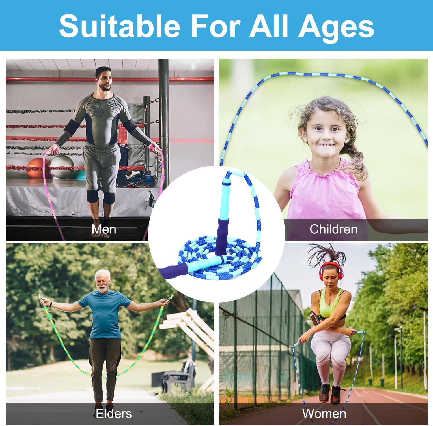 Demonstrates that the jump rope product is versatile and appropriate for all age groups and fitness levels, from children to elders, men to women, reassuring shoppers of its universal appeal and…