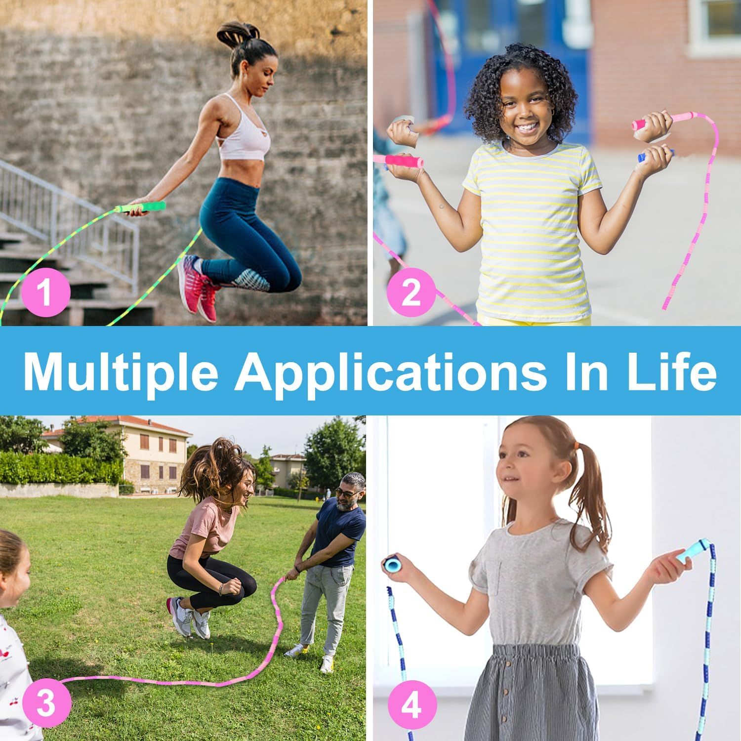 Demonstrates the versatility of the jump rope product by showing it can be used across different age groups, settings, and contexts—from adult workouts to children's play to family activities.
