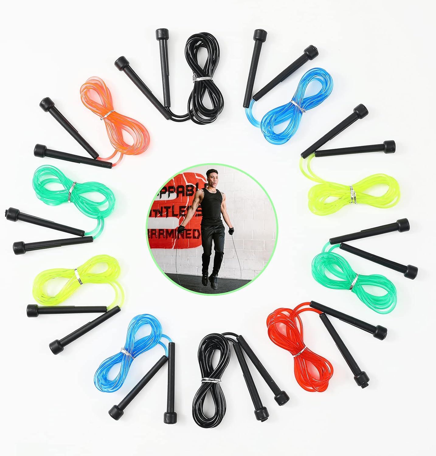 Showcases the brand's full product lineup of jump ropes in multiple color options, helping shoppers understand the variety available and choose their preferred style.