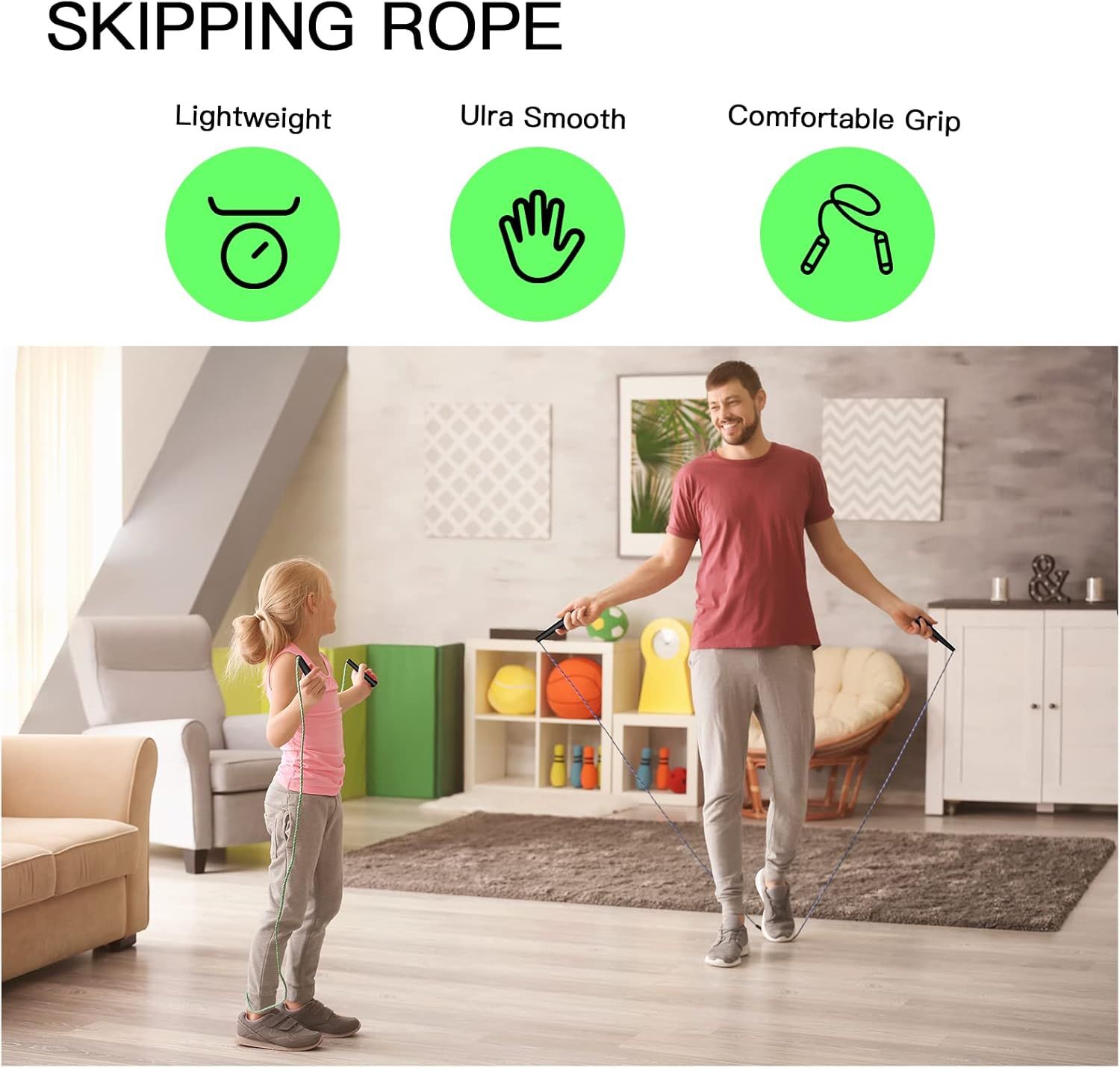 Communicates three distinct product benefits in a segmented layout to show shoppers why this skipping rope is superior for home fitness use. Shows the product being used in a real-world home setting…