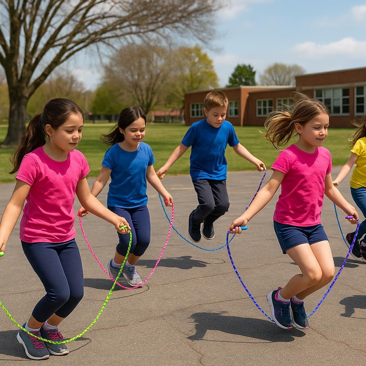 Shows children actively using the jump ropes in a real-world outdoor setting to demonstrate the product's appeal for active play and exercise.