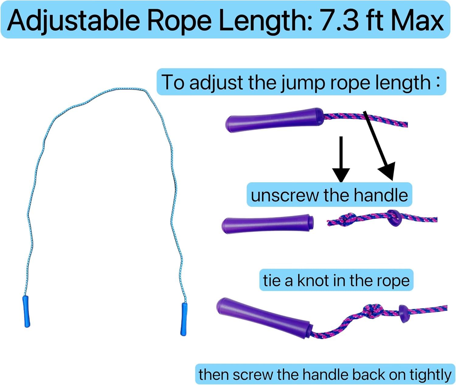 Demonstrates step-by-step instructions for adjusting the jump rope length to fit the user's needs, providing clear guidance on how to customize the product. Communicates the maximum adjustable rope…