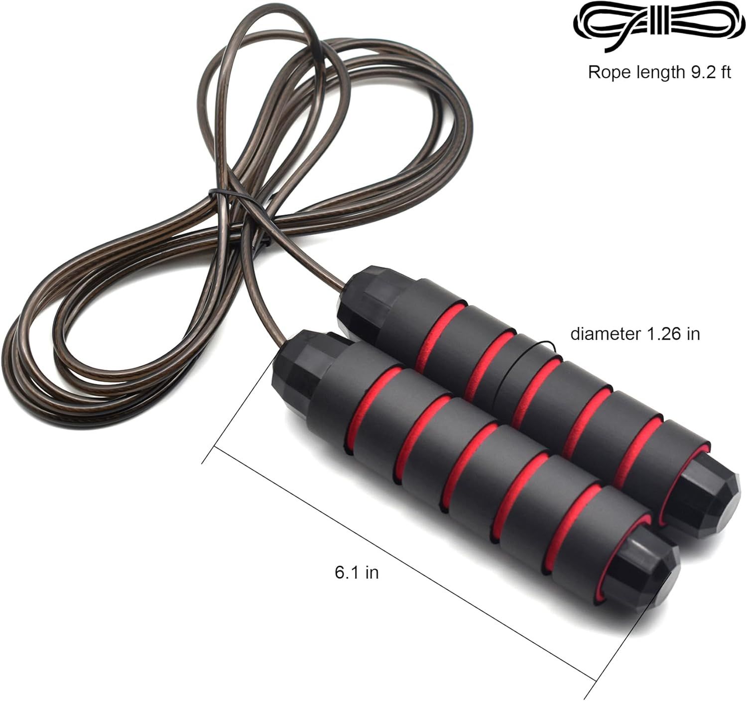 Communicates the exact physical dimensions of the jump rope (9.2 ft rope length, 1.26 in handle diameter, 6.1 in handle length) to help shoppers determine if the size fits their needs.