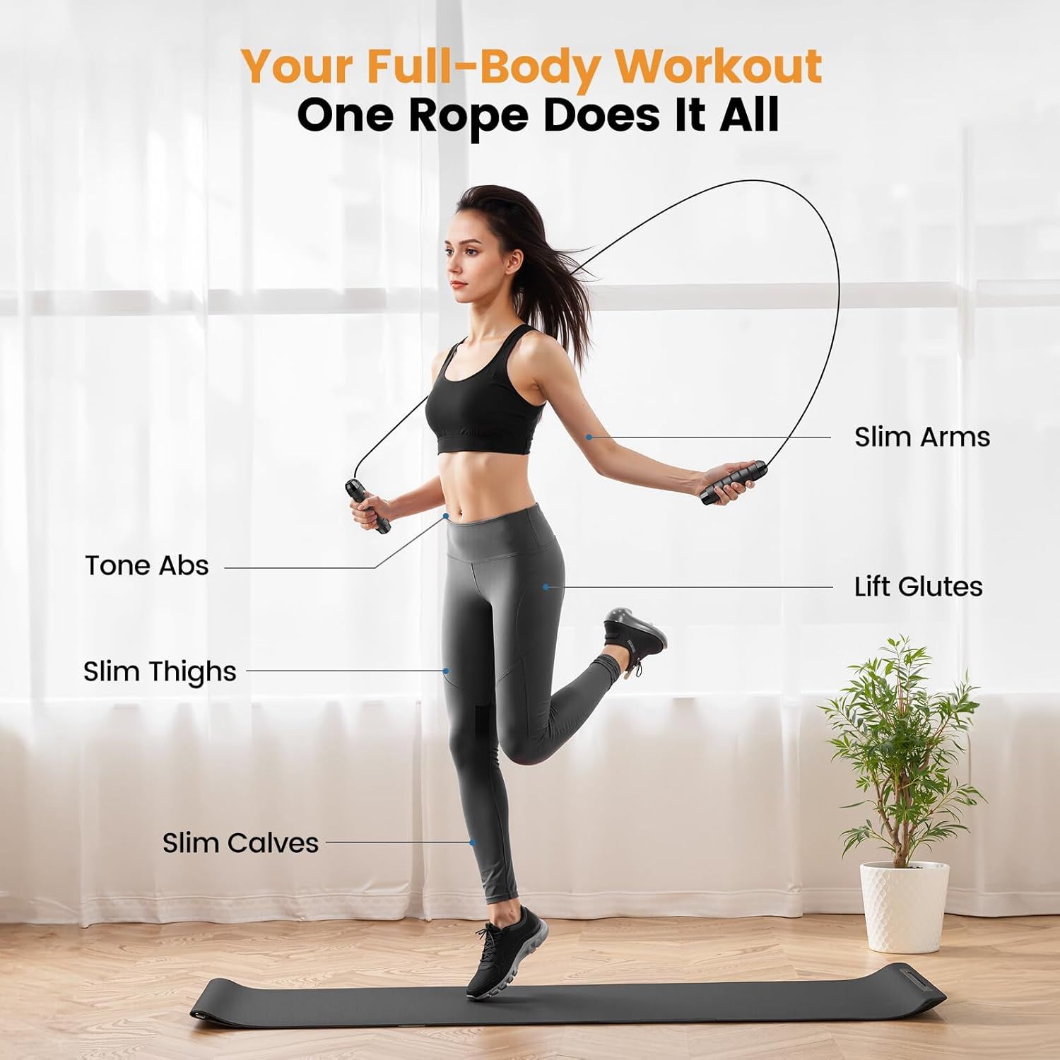 Demonstrates how one jump rope targets multiple body zones for a complete workout, highlighting specific areas that benefit from using the product. Shows that the jump rope provides comprehensive…
