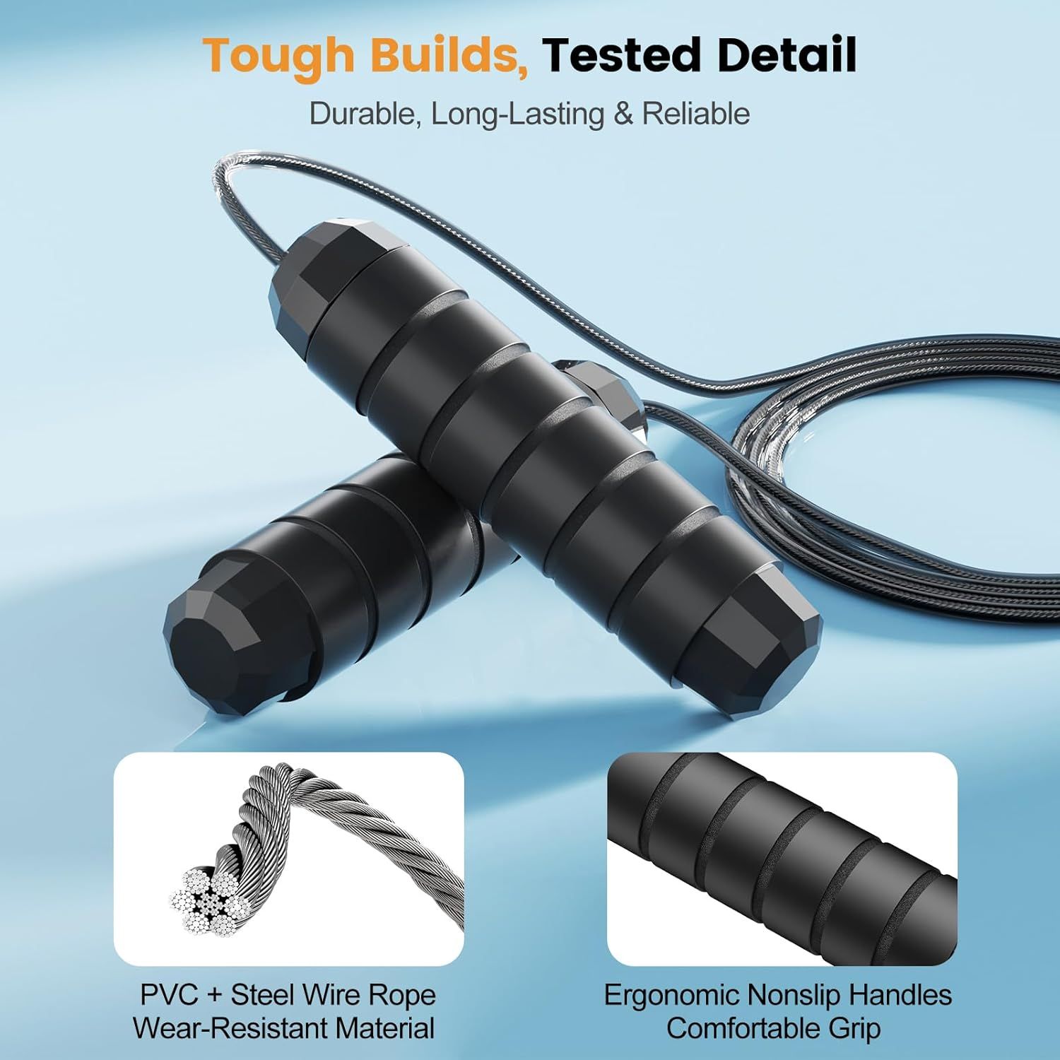 Breaks down the jump rope's construction by highlighting two key physical components: the wear-resistant steel wire rope material and the ergonomic nonslip handle design, reassuring shoppers of the…