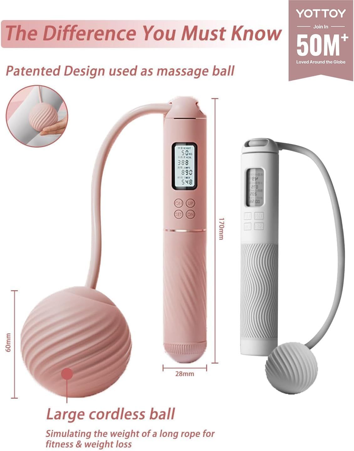 Communicates the exact physical size of the product with dimensional measurements to help shoppers understand how compact and portable the jump rope is. Highlights multiple distinct product benefits…