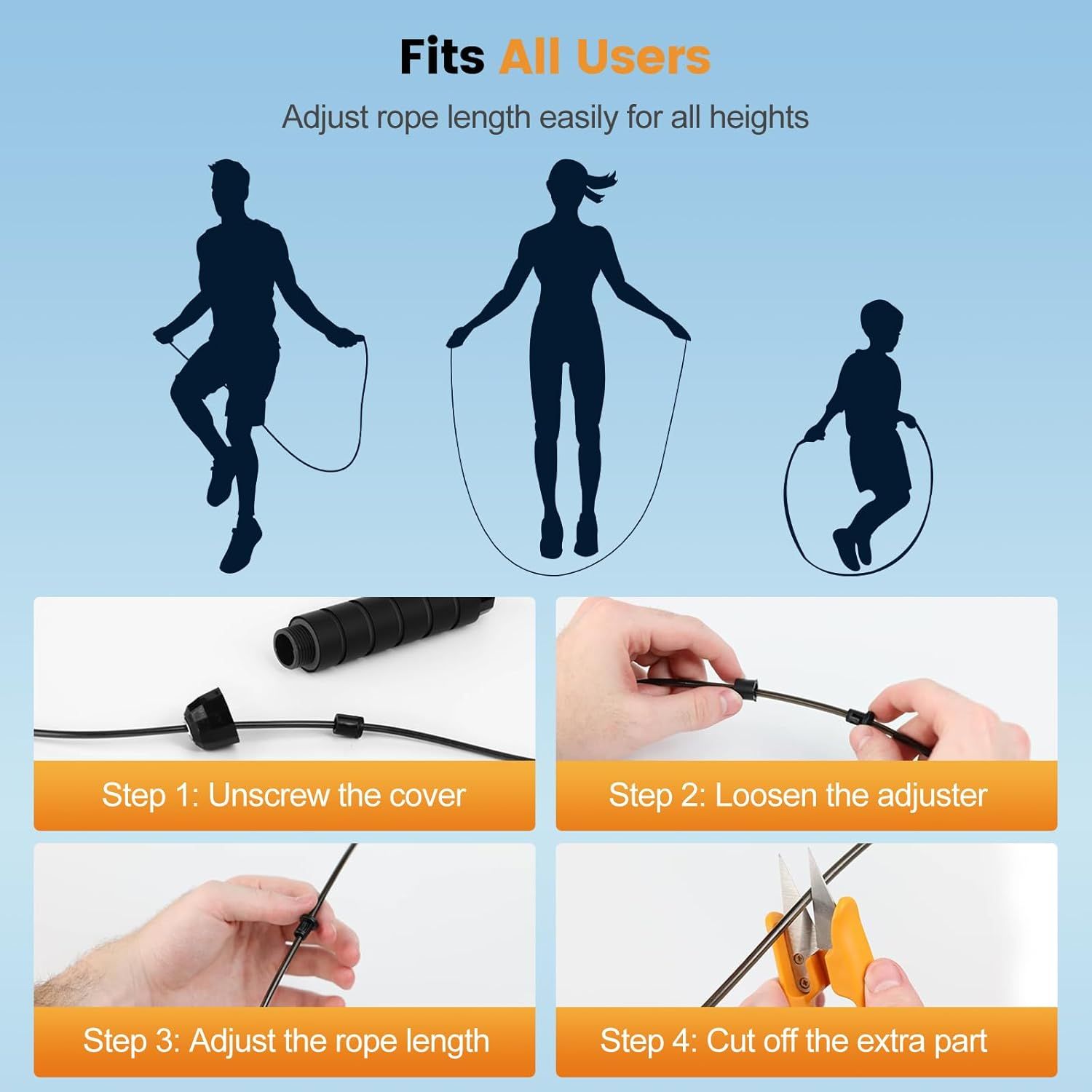 Demonstrates the step-by-step process for adjusting the jump rope length to fit users of all heights, reassuring shoppers that the product is customizable and easy to set up. Shows that the jump…