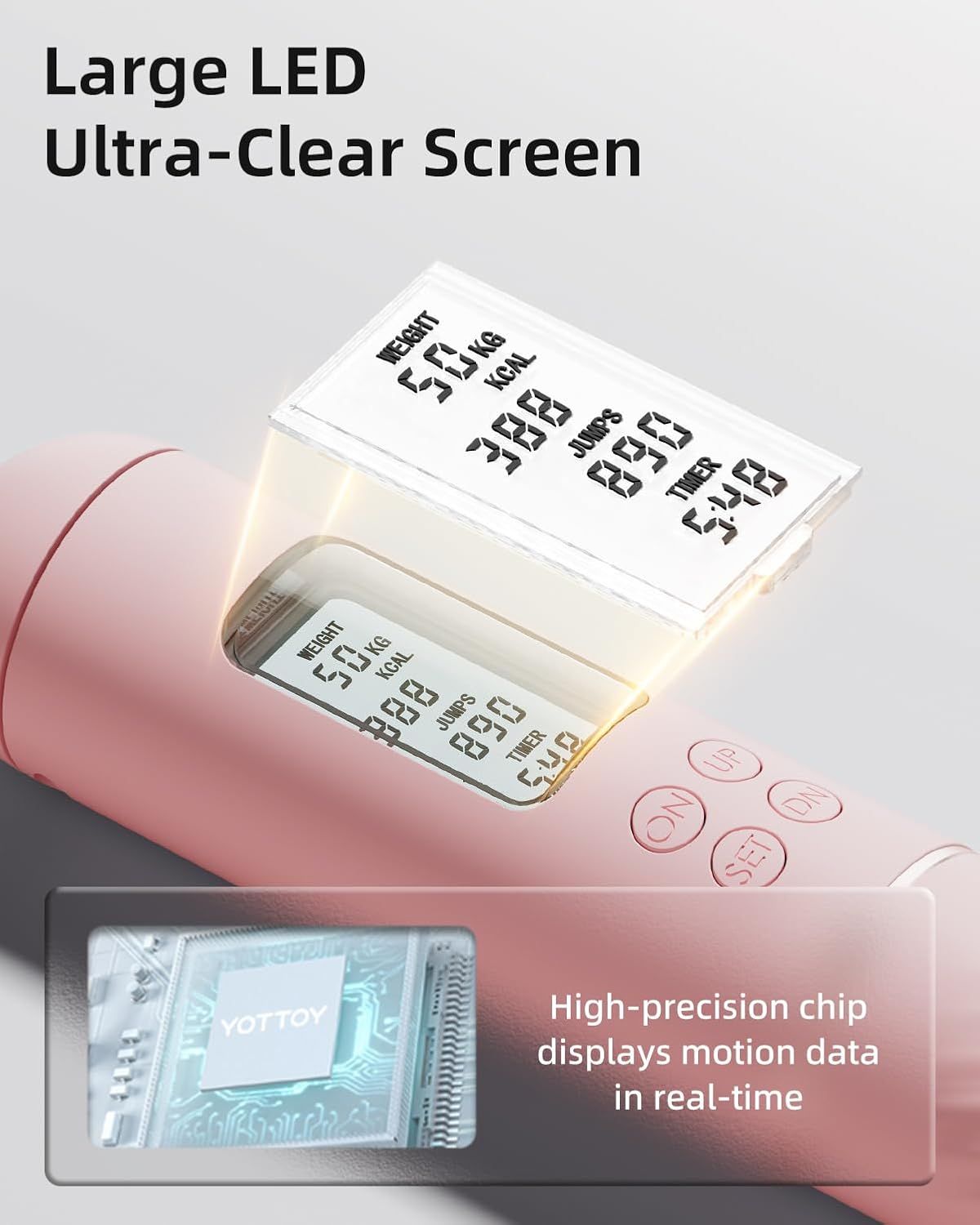 Communicates two distinct product benefits: the large, ultra-clear LED display for easy readability and the high-precision chip technology that enables real-time motion tracking.