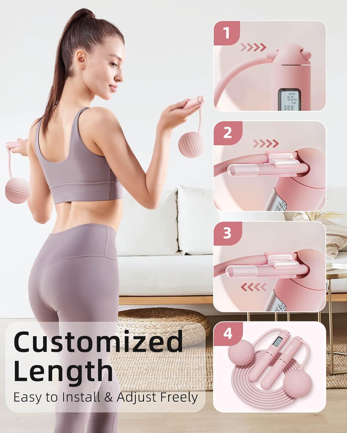 Demonstrates the step-by-step process of adjusting and installing the jump rope to a customized length, reassuring shoppers that setup is simple and the product is adaptable to their needs.…