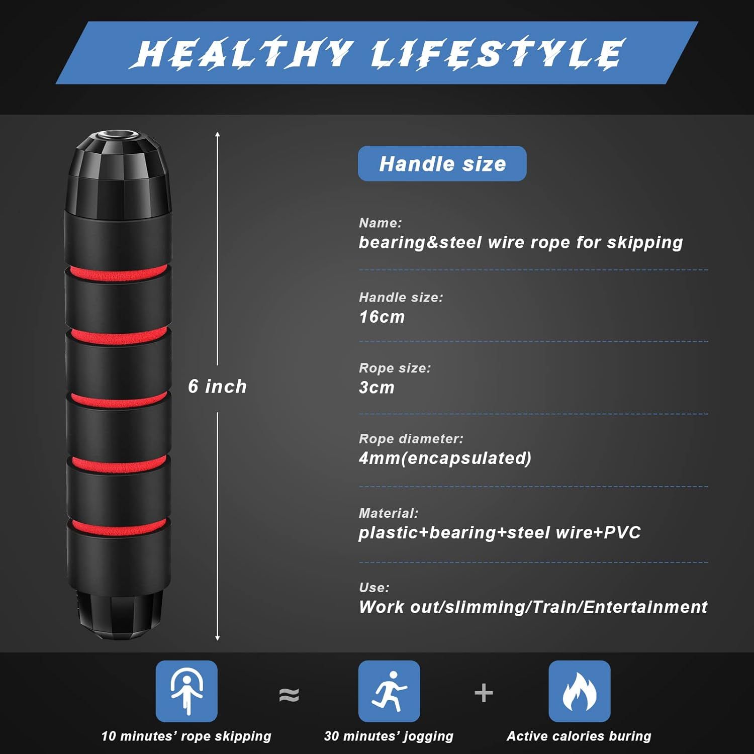 Provides detailed physical dimensions of the jump rope handle and rope to help shoppers understand the exact size and specifications of the product. Highlights multiple product benefits including…