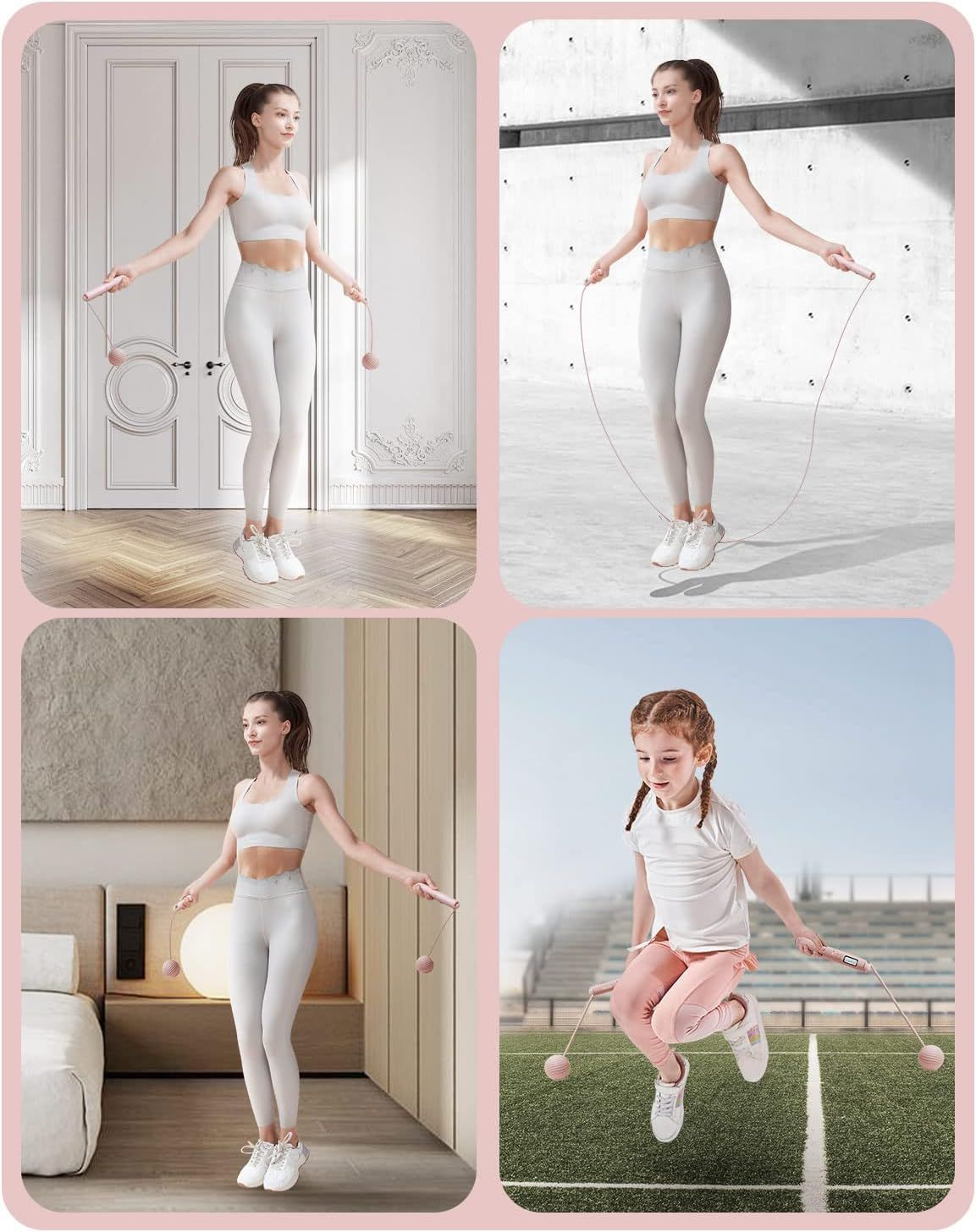 Demonstrates the versatility of the jump rope by showing it can be used in multiple settings—indoors at home, outdoors, and by different age groups—to reassure shoppers it fits various lifestyles…
