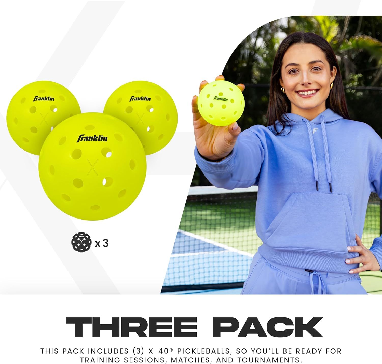 Communicates that the purchase includes three pickleballs, ensuring shoppers understand the quantity and value of the bundle for training and matches.