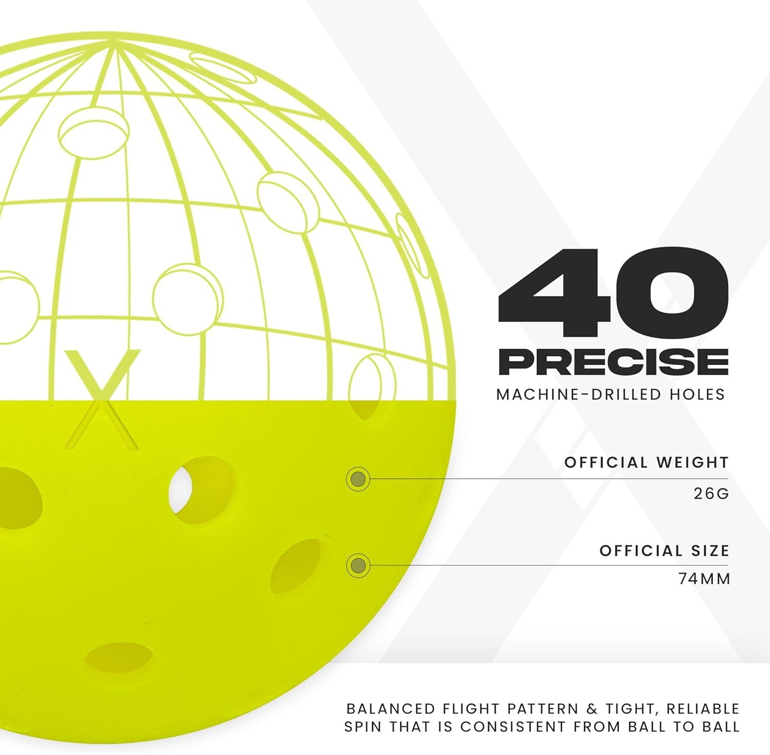 Communicates multiple technical features and benefits of the pickleball including precise machine-drilled holes, official weight and size specifications, and balanced flight performance to reassure…