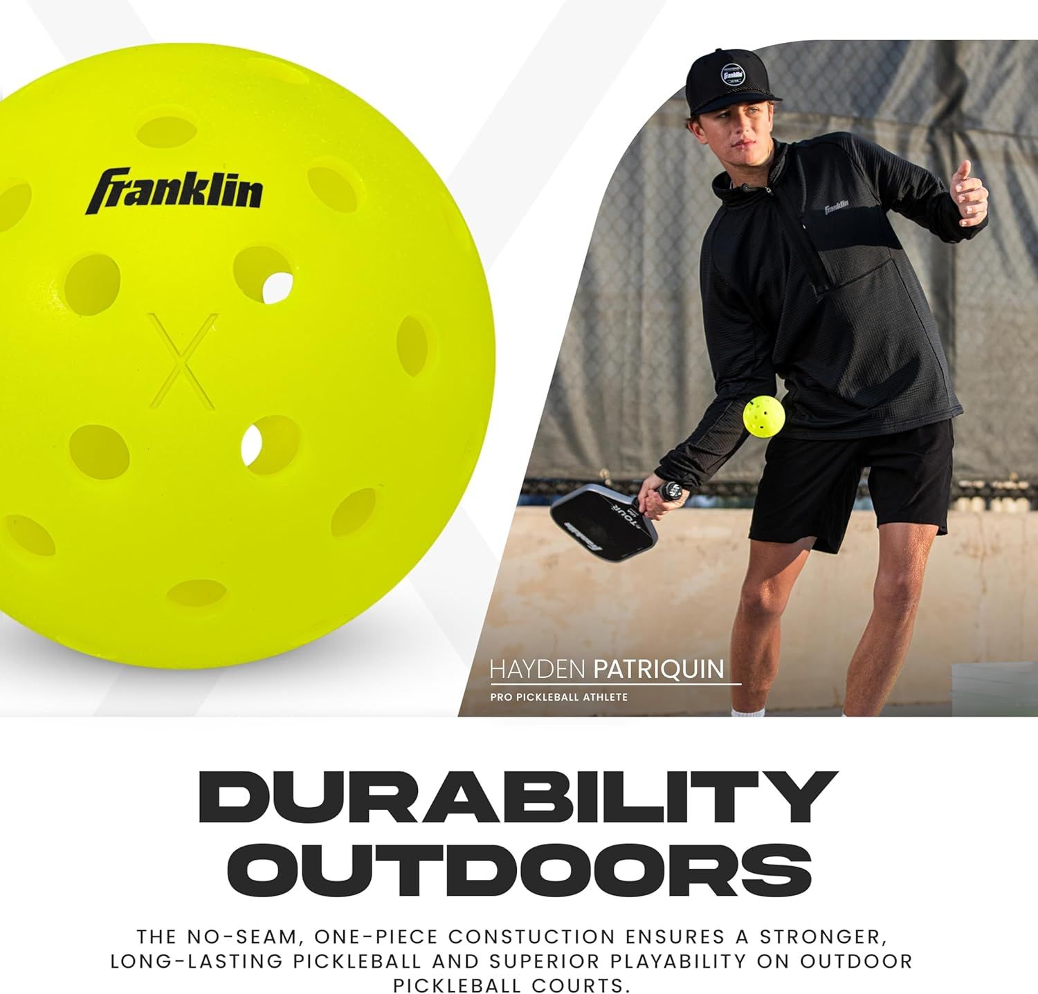 Communicates that the pickleball is built with no-seam, one-piece construction for superior durability and playability on outdoor courts, reassuring shoppers of its long-lasting performance.