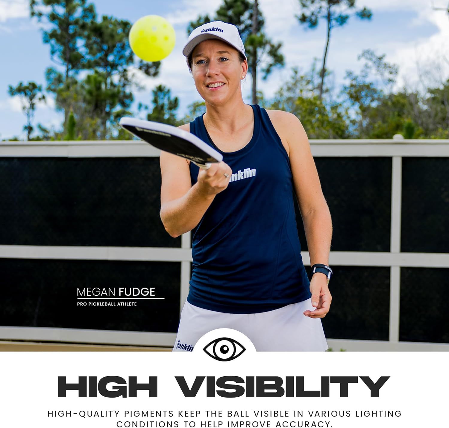 Communicates that the product (pickleball) uses high-quality pigments to remain visible in various lighting conditions, helping players improve accuracy. Features professional athlete endorsement to…