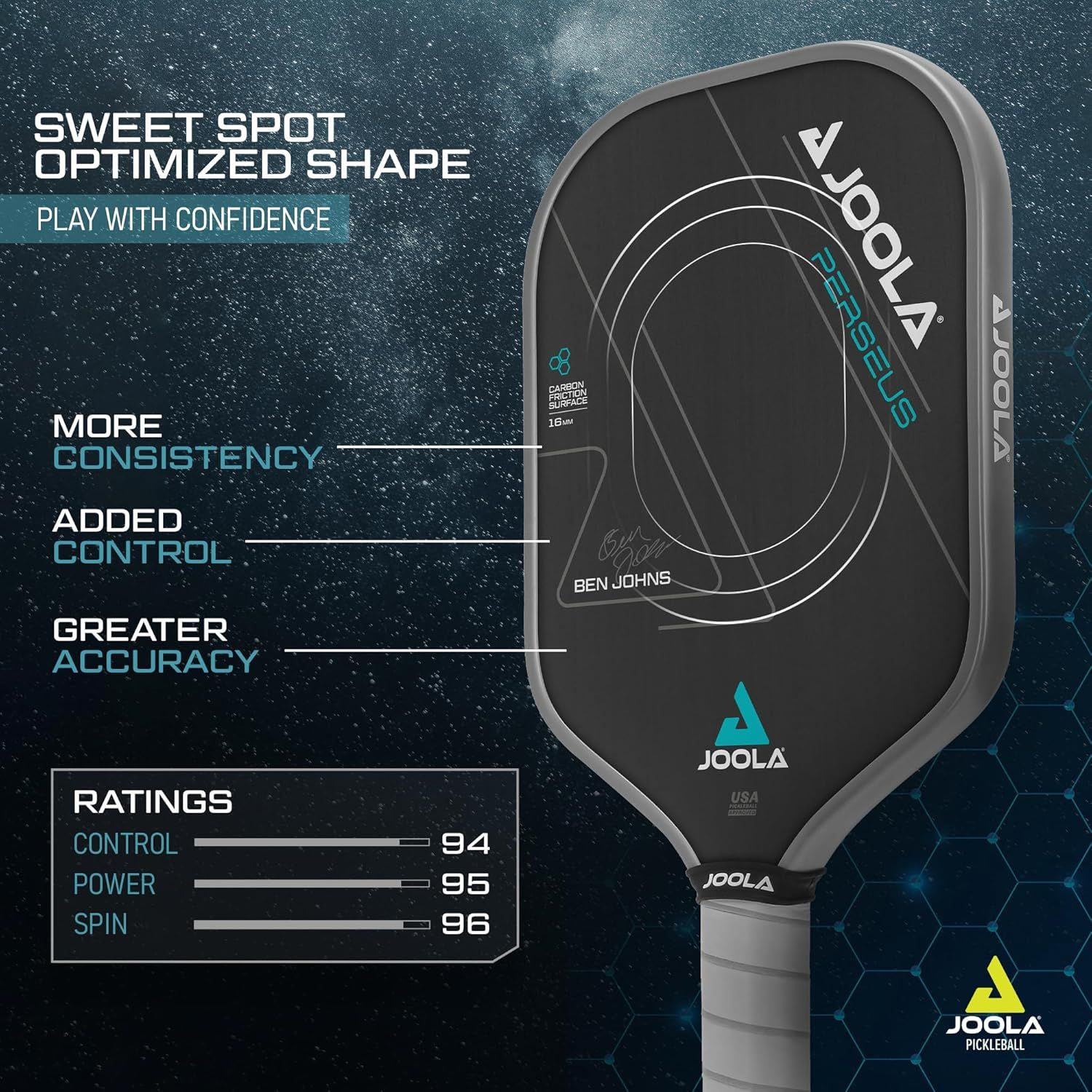 Communicates multiple performance benefits of the pickleball paddle including its optimized shape for better sweet spot, enhanced consistency, control, and accuracy, supported by specific…