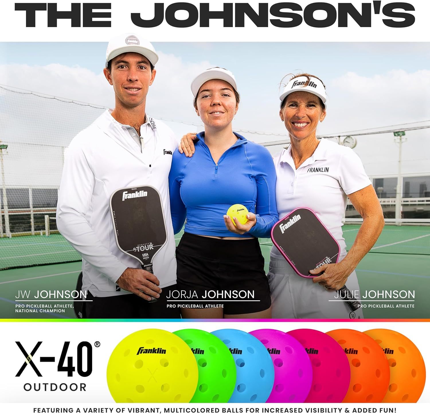 This image establishes brand credibility and trust by featuring professional pickleball athletes (The Johnsons) as brand ambassadors, connecting the Franklin brand with elite athletic performance…