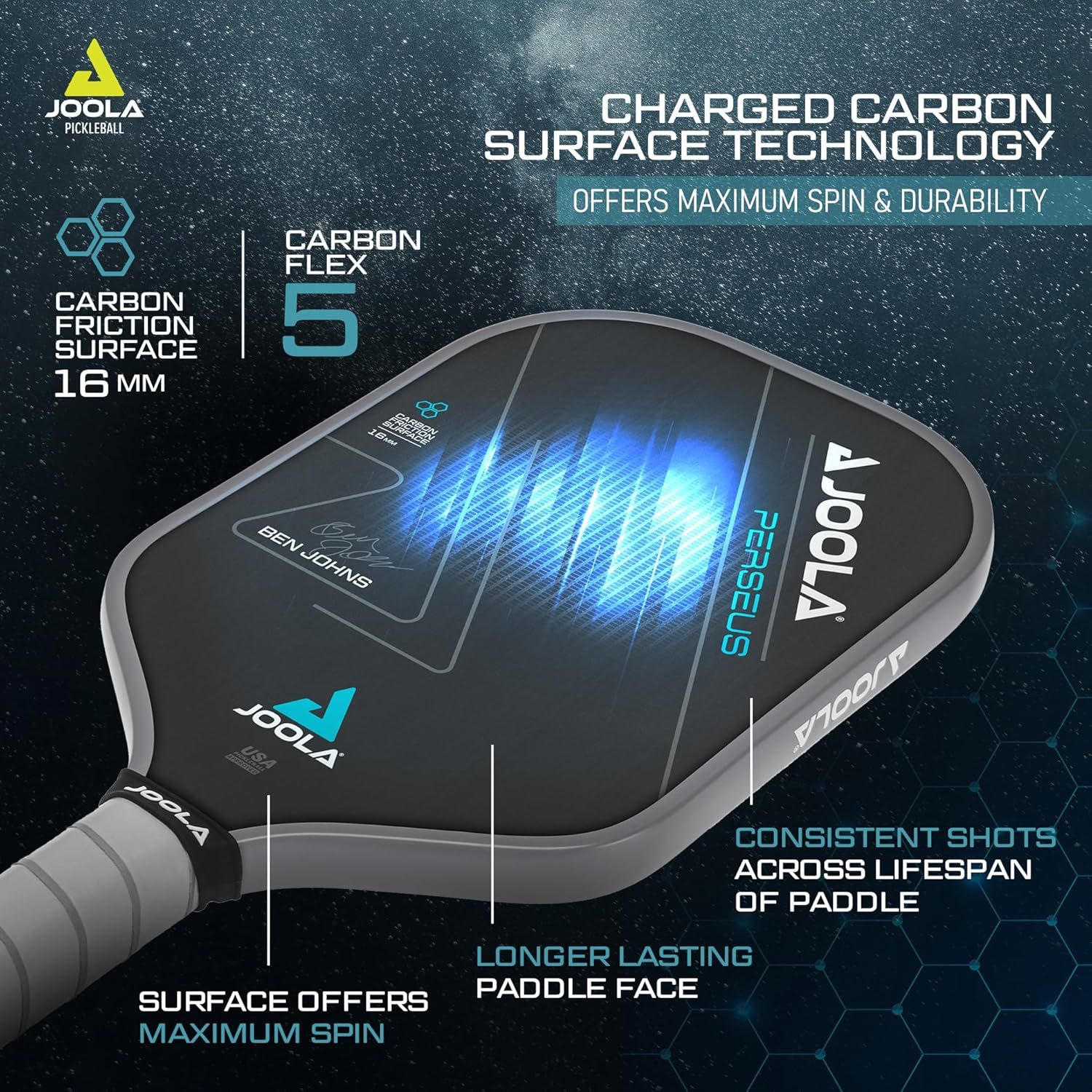 This image breaks down the paddle's key structural components and surface technology, using callout lines to highlight the carbon friction surface, carbon flex rating, and surface benefits to…