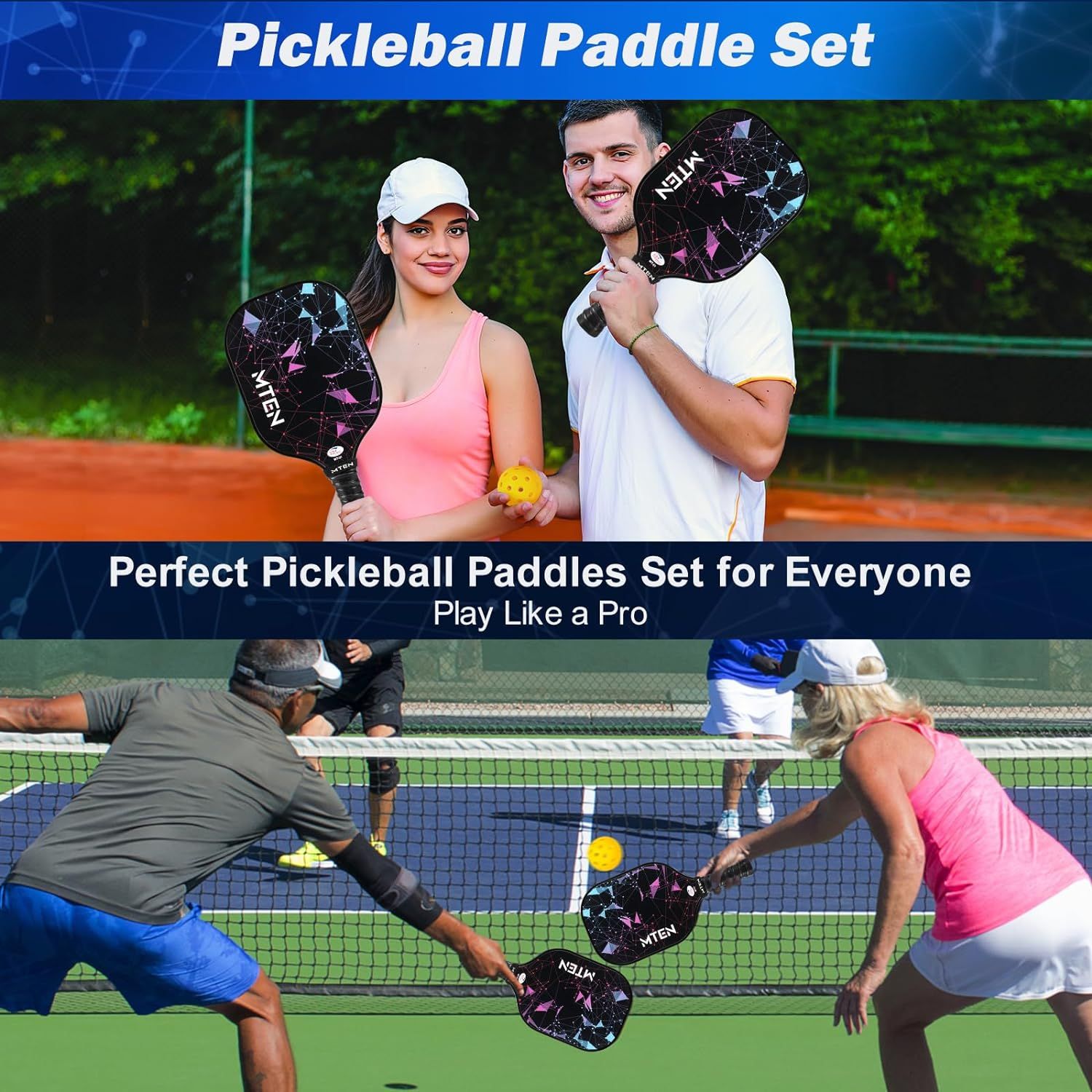 Demonstrates the product in authentic use on a pickleball court with real people playing, showing the set is suitable for everyone and creates an aspirational, active lifestyle appeal.