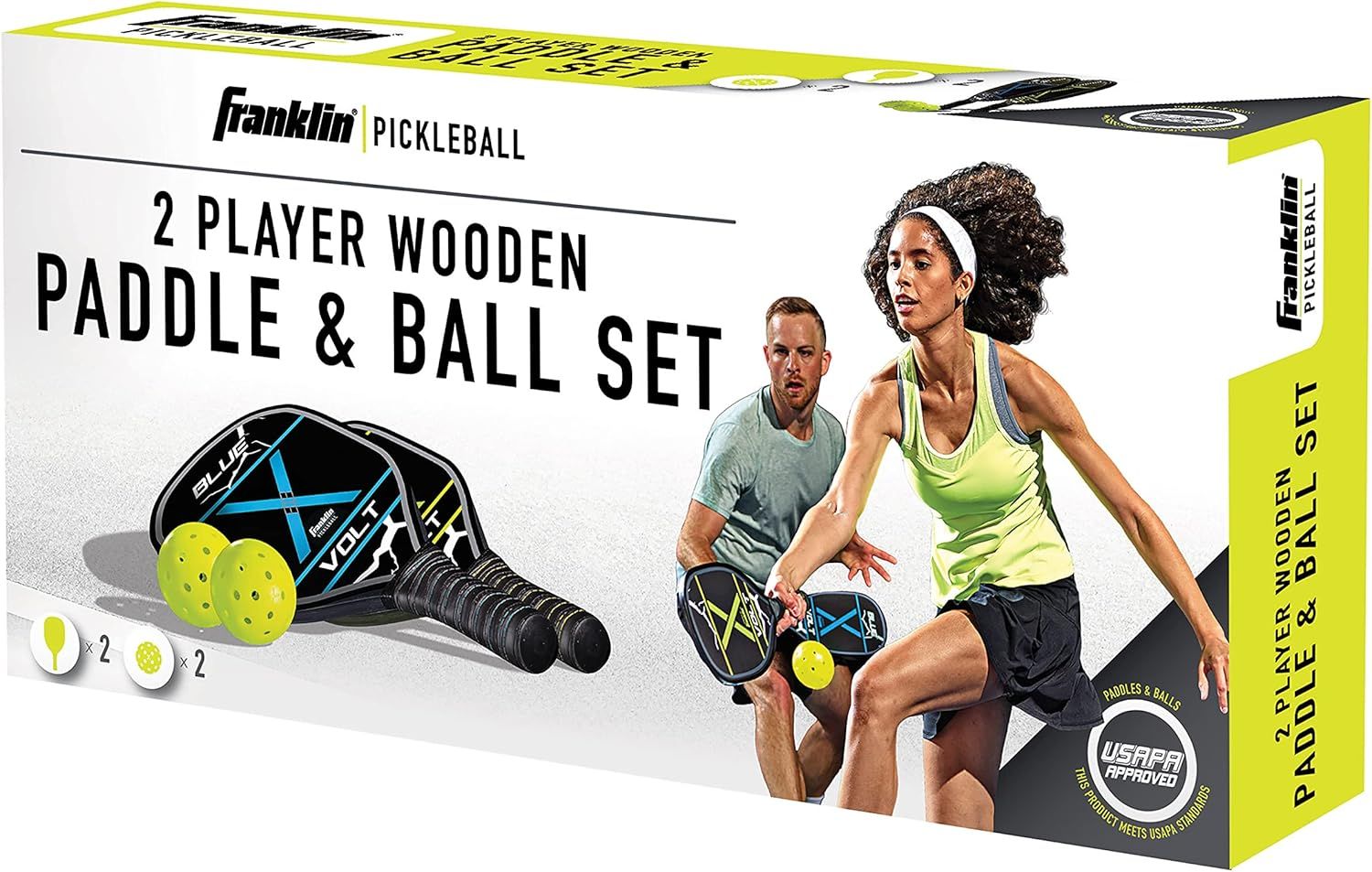Shows shoppers everything included in the package: two wooden paddles and two balls, making it clear this is a complete ready-to-play set for two players.