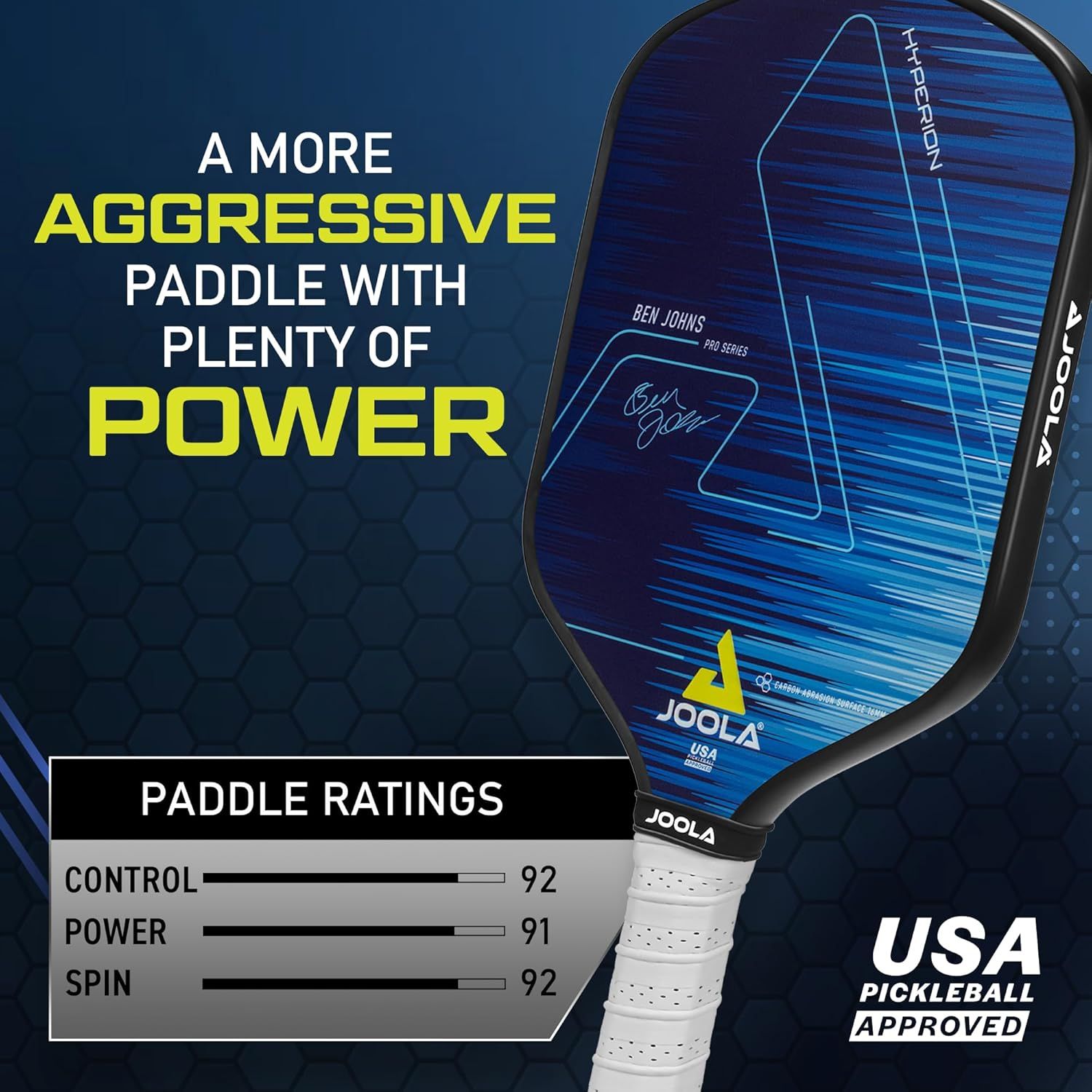 Communicates the paddle's high performance metrics across control, power, and spin to demonstrate its competitive capabilities and help shoppers understand its technical specifications. Highlights…