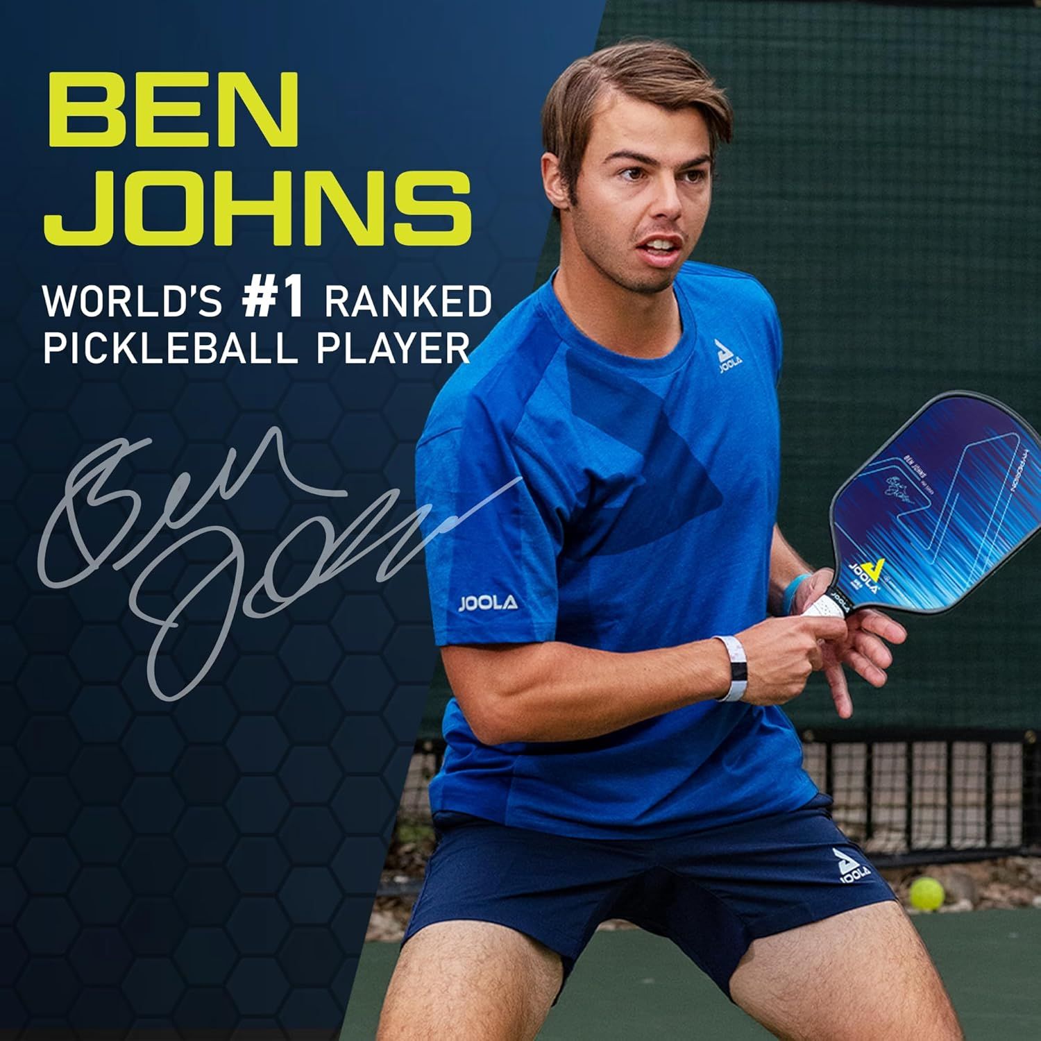 Builds credibility and trust by featuring Ben Johns, the world's #1 ranked pickleball player, endorsing the product with his signature and professional image.