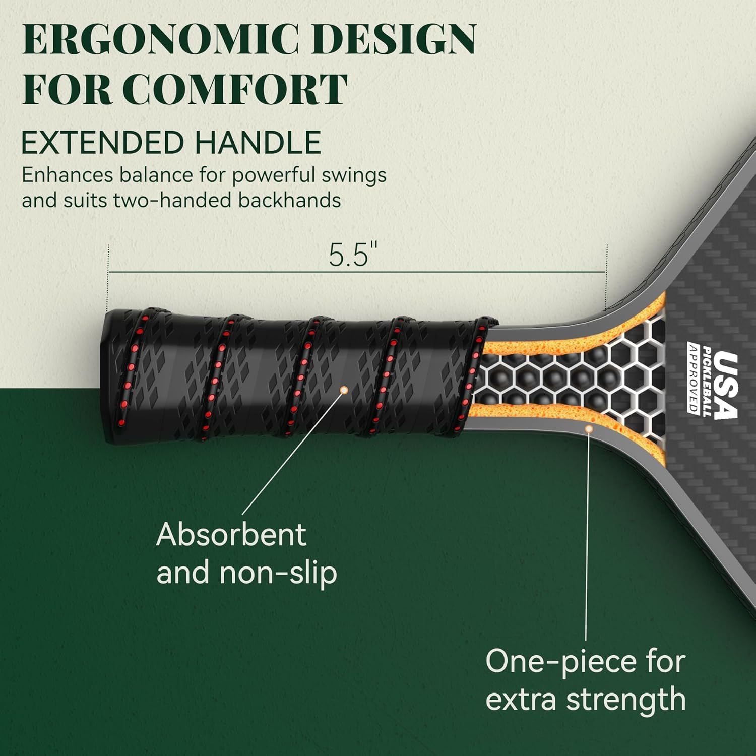 Breaks down the tennis racket handle's physical components and design features to show shoppers the ergonomic construction, extended length for two-handed play, grip material properties, and…