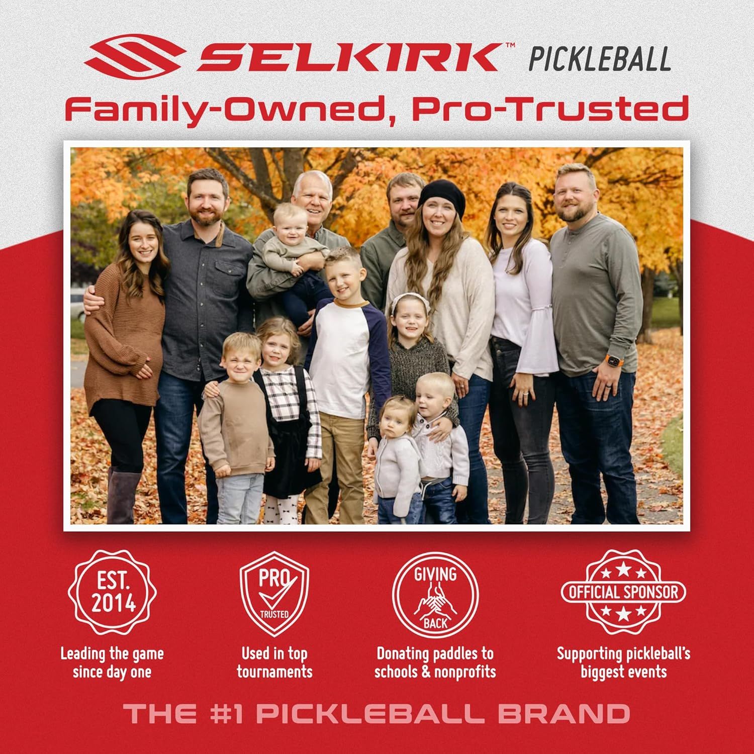 Communicates the brand's family-owned identity and core values (pro-trusted, giving back, tournament use, event sponsorship) to build emotional trust and differentiate Selkirk as the #1 pickleball…