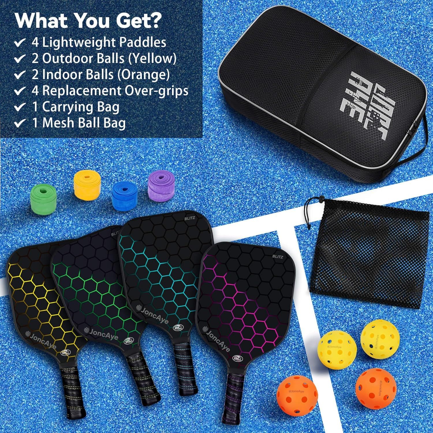 Shows everything included in the pickleball set to help shoppers understand the complete value and contents of their purchase.