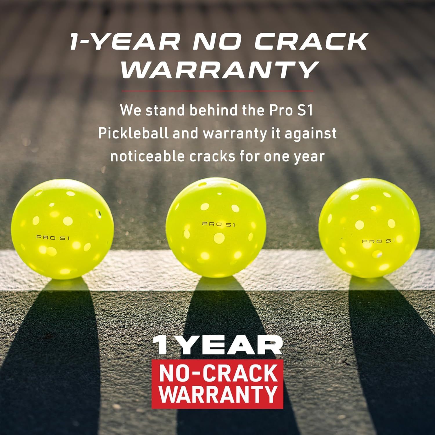 Communicates the product's durability and quality assurance by highlighting a 1-year warranty against cracks, building shopper confidence in the pickleball's longevity.