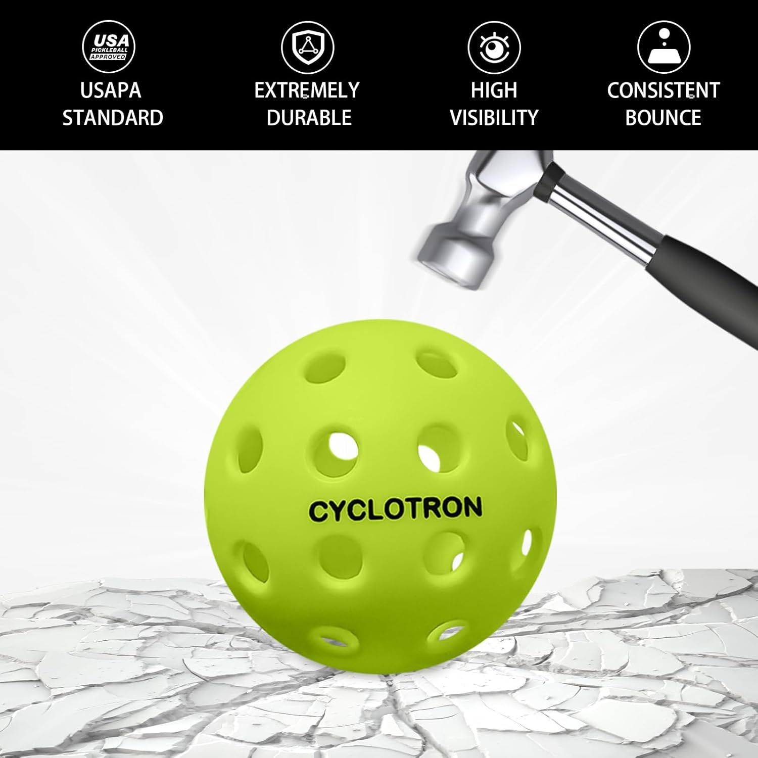 Communicates multiple key benefits of the pickleball in a segmented layout, highlighting certification, durability, visibility, and performance to reassure shoppers of quality and functionality.