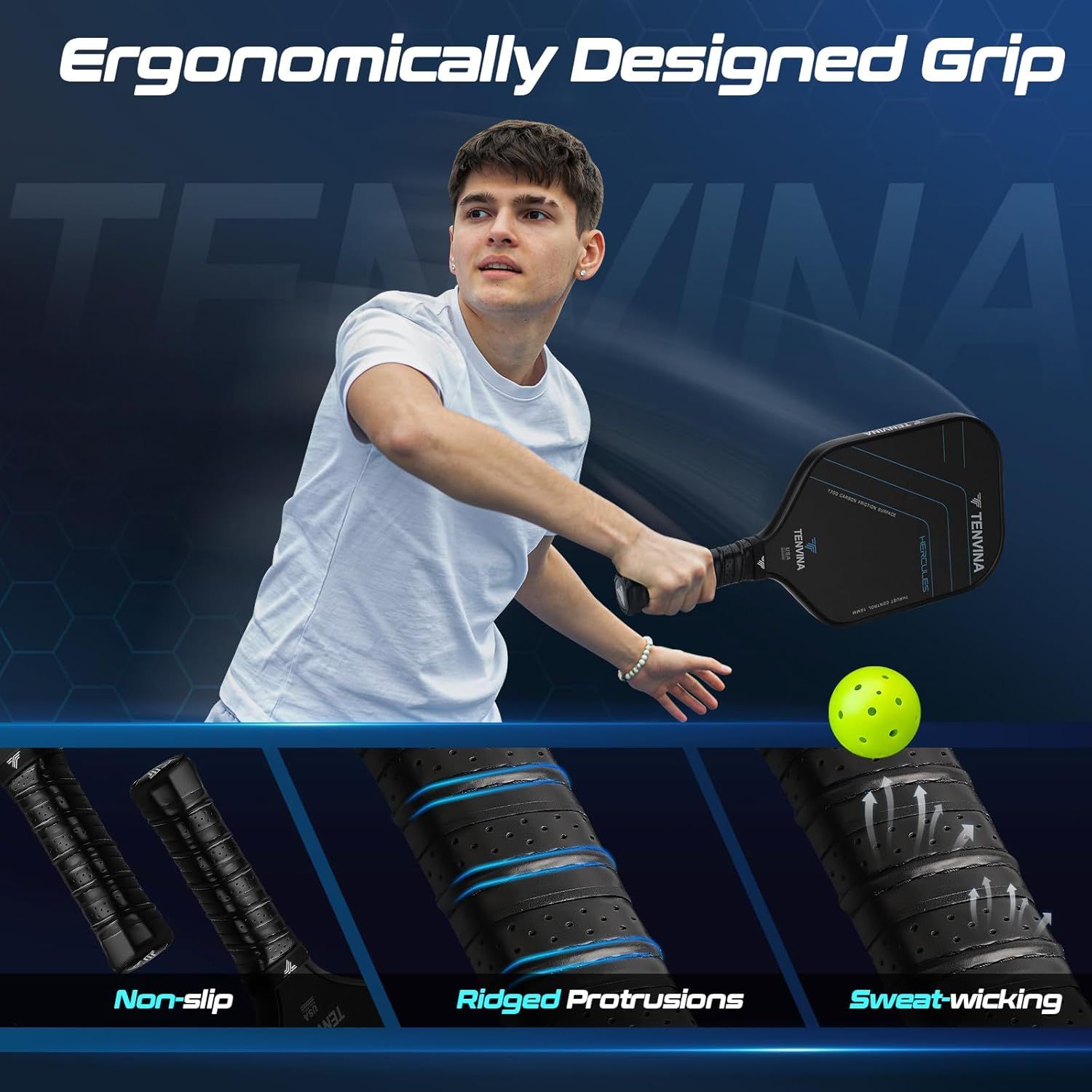 Highlights three distinct ergonomic grip features of the pickleball paddle to reassure shoppers about comfort, control, and performance during play.
