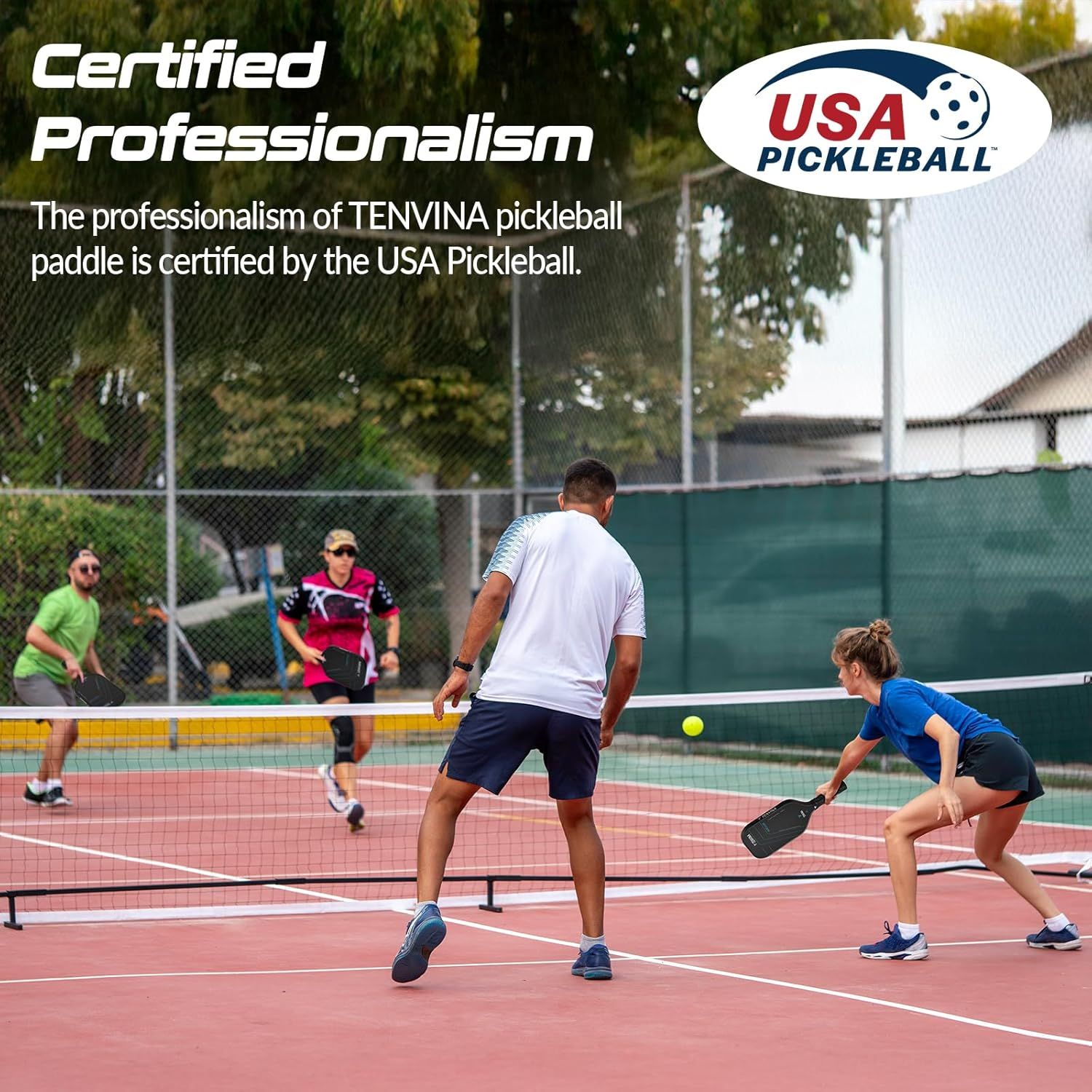 Communicates that the TENVINA pickleball paddle is officially certified by USA Pickleball, building trust and reassuring shoppers of the product's professional quality and compliance with official…