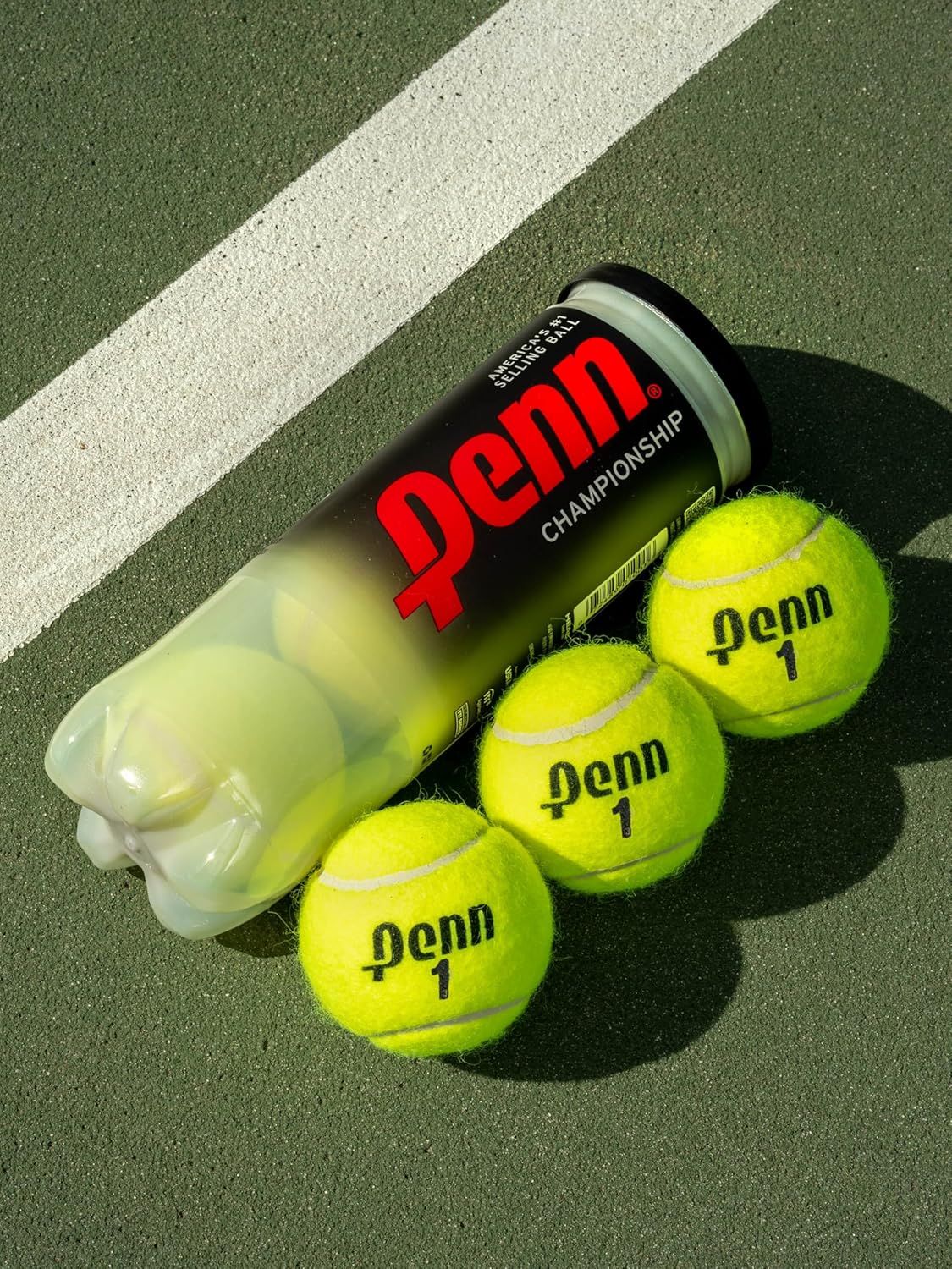 Shows the customer exactly what they receive in the package: the Penn Championship tennis ball canister and three tennis balls, helping set clear expectations for the purchase.