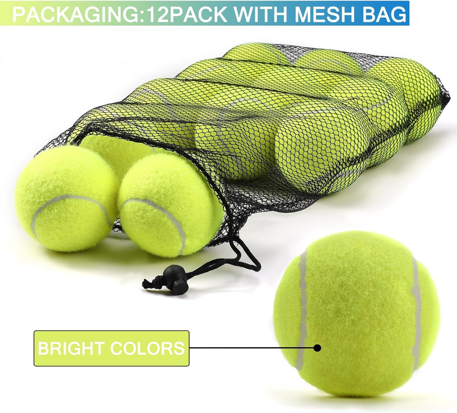 Shows shoppers exactly what they receive in the package: a 12-pack of tennis balls with a convenient mesh storage bag, emphasizing the bright color feature. Highlights the bright color feature of…