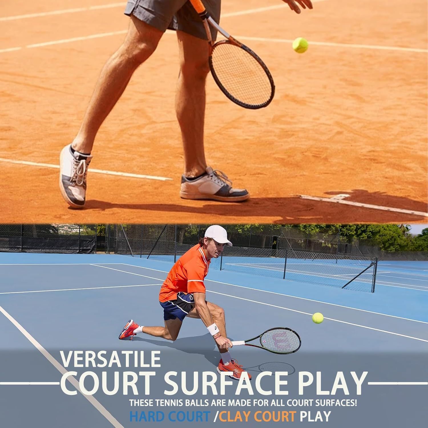 Demonstrates that the tennis balls are suitable for multiple court surfaces (hard court and clay court), reassuring shoppers of the product's versatility and broad usability. Highlights the key…