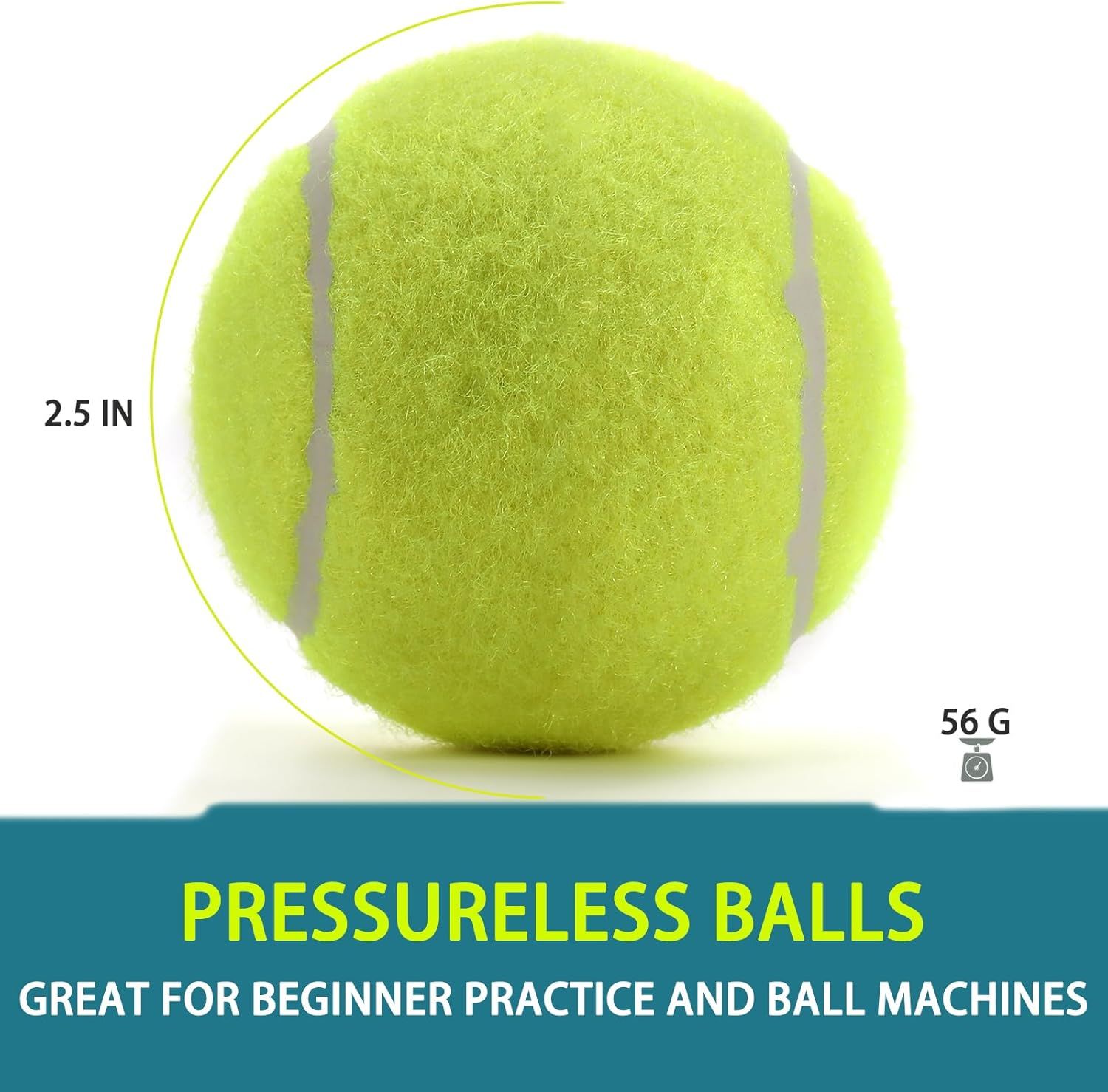 Communicates the exact physical dimensions and weight of the tennis ball to help shoppers understand its size and suitability for beginner practice and ball machines. Highlights that these are…