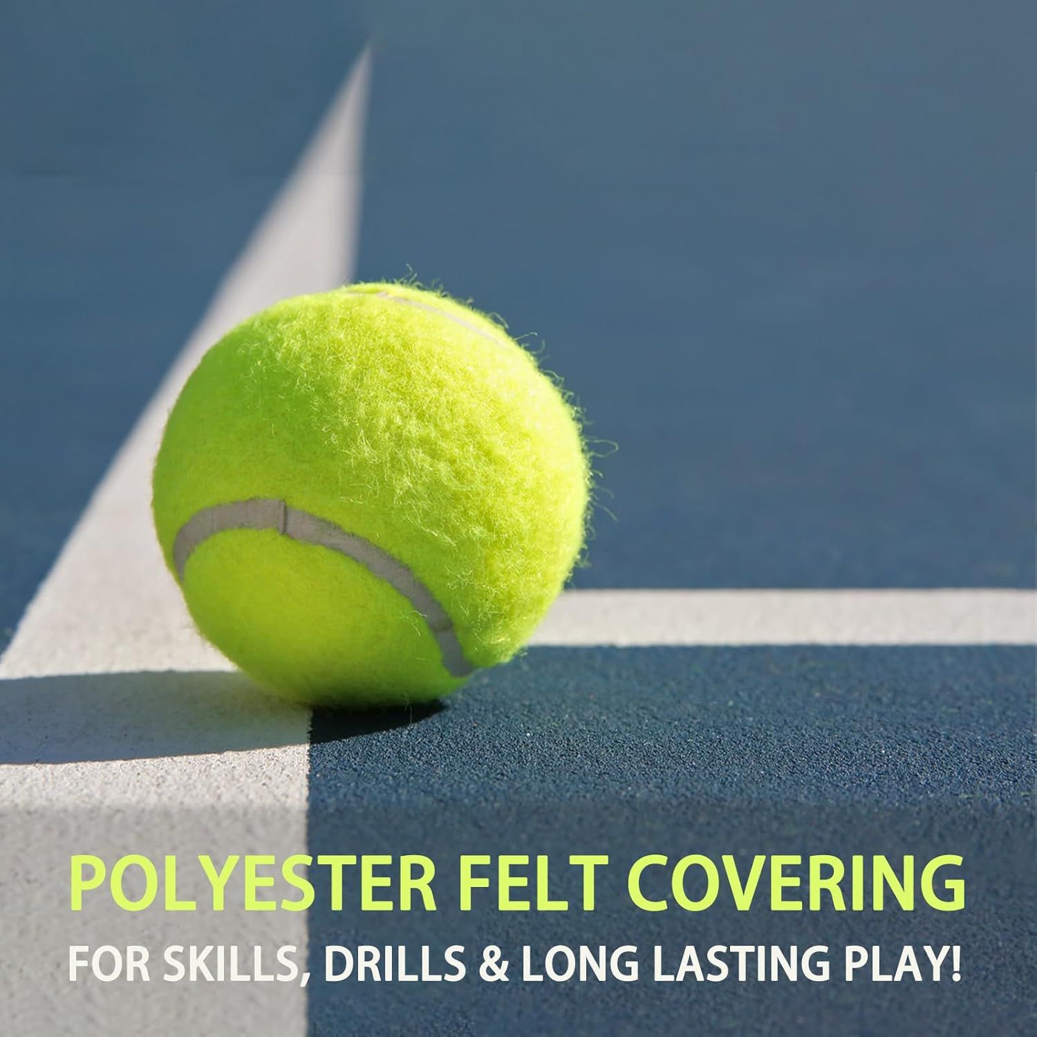 Highlights the tennis ball's polyester felt covering material to communicate durability and suitability for practice, drills, and extended play sessions.