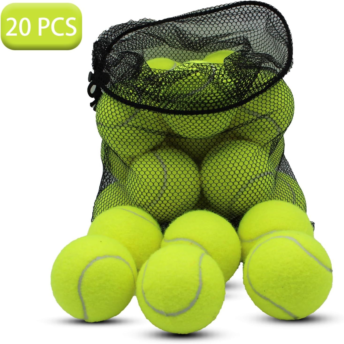 Shows the customer exactly what they receive in the package: 20 tennis balls and a convenient mesh storage bag for easy transport and organization.