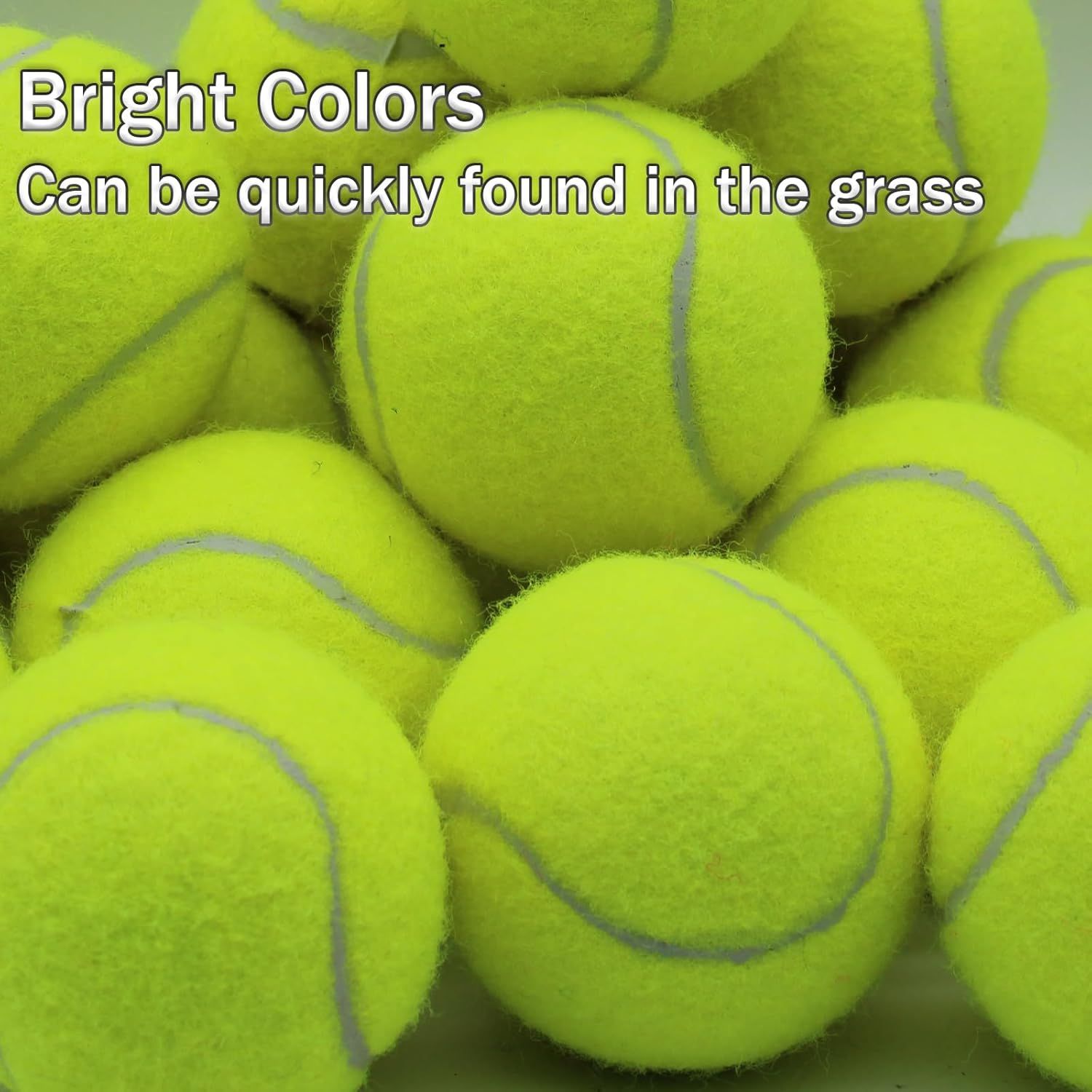 Communicates that the bright neon color of the tennis balls makes them easy to spot in grass, solving a common pain point for pet owners and tennis players.
