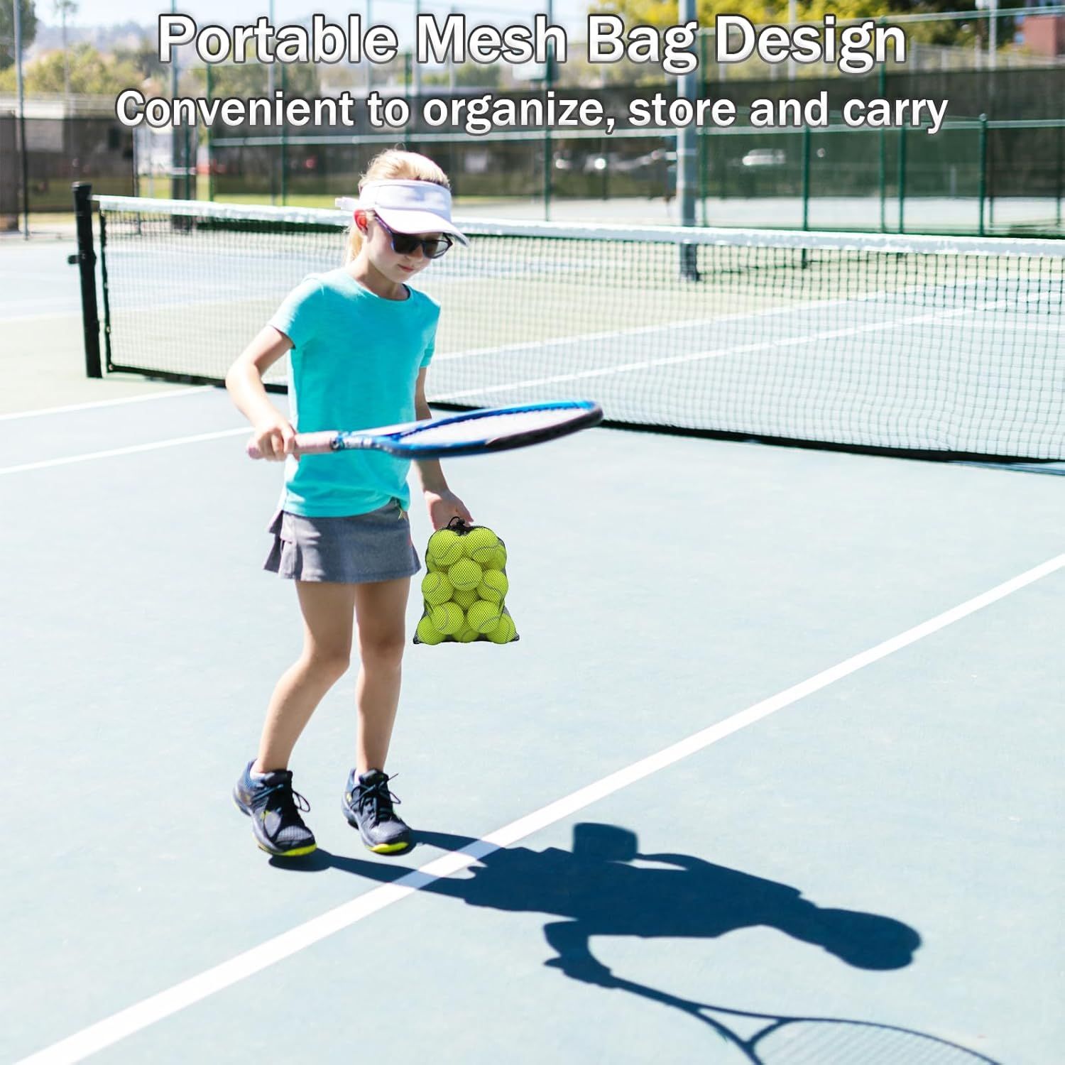 Demonstrates the product's portability and convenience for organizing and carrying tennis balls, showing it in real-world use on a tennis court.