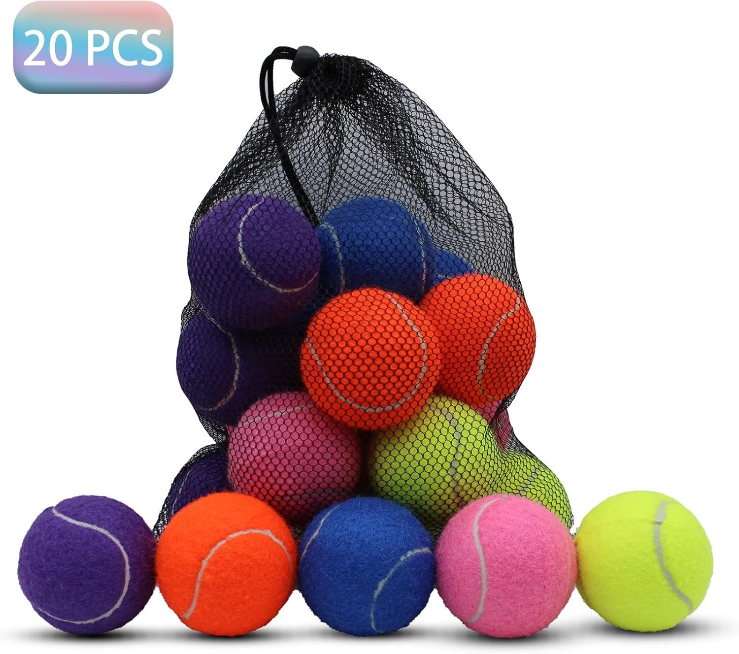 Shows the customer exactly what they receive in the purchase: 20 colorful tennis balls in various colors and a convenient mesh drawstring bag for storage and transport.