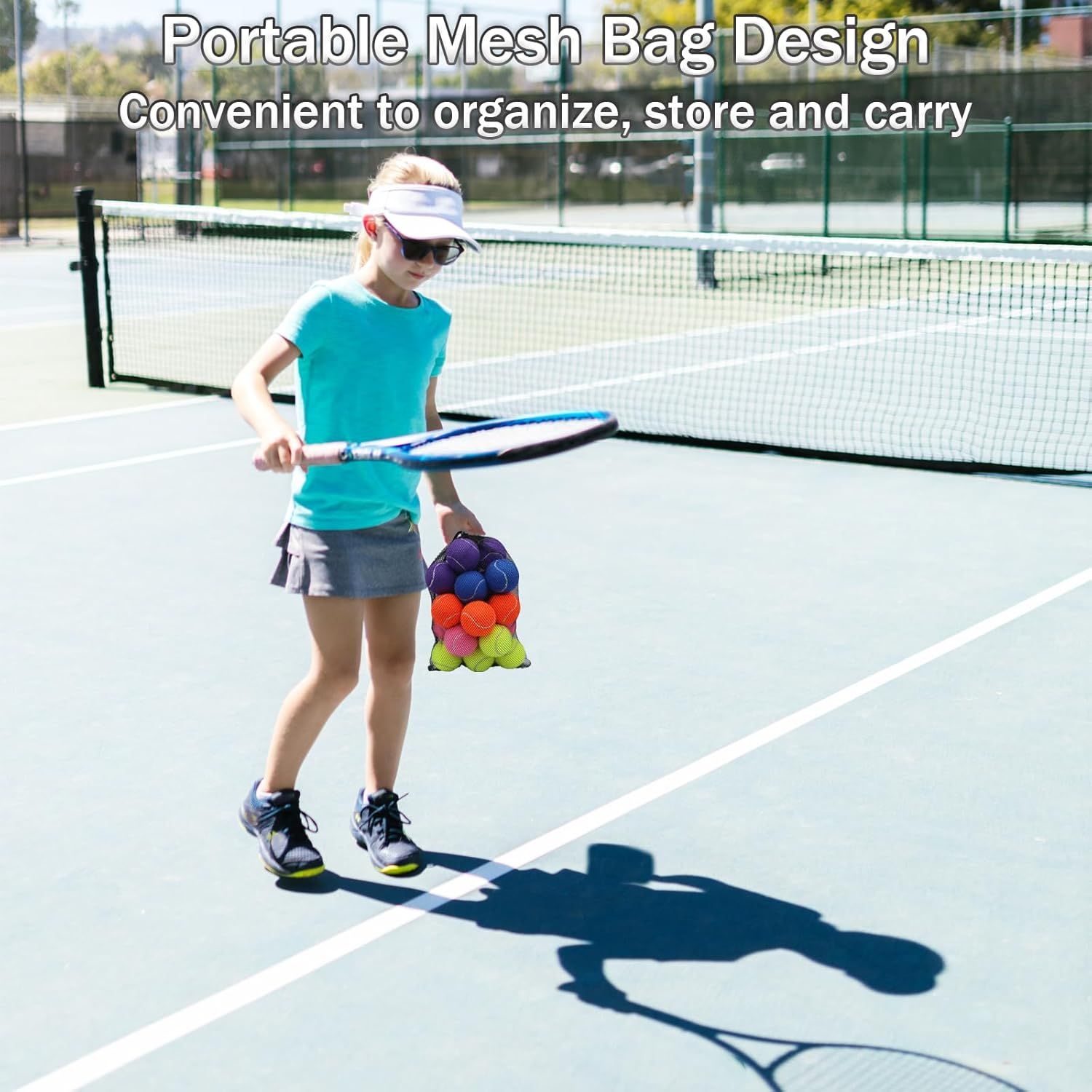 Demonstrates the mesh bag's portability and convenience for organizing and carrying sports equipment, shown in a real-world tennis court setting.