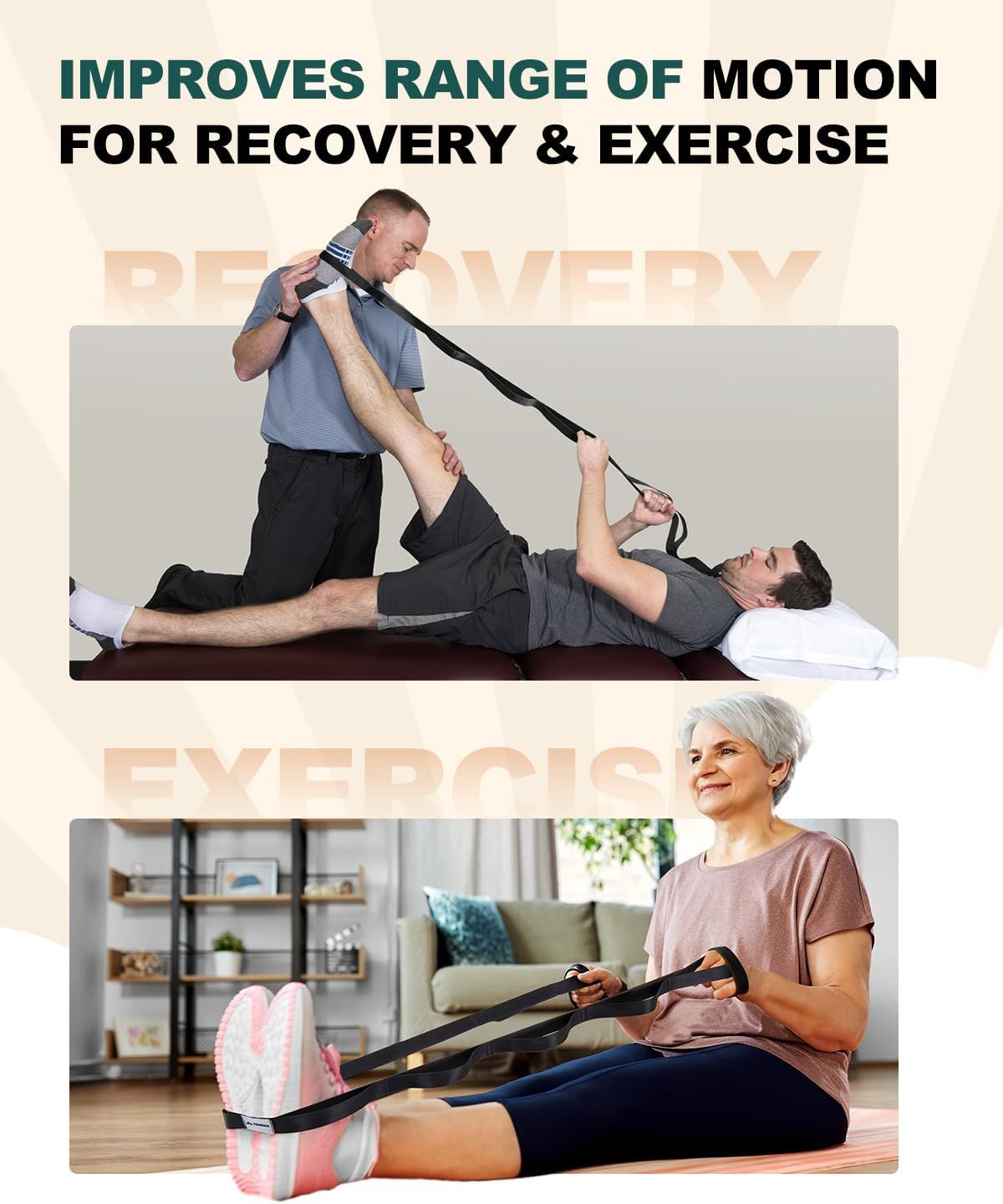 Demonstrates multiple use cases for the product, showing it can be used for both assisted physical therapy/recovery sessions and independent at-home exercise routines to improve flexibility and…