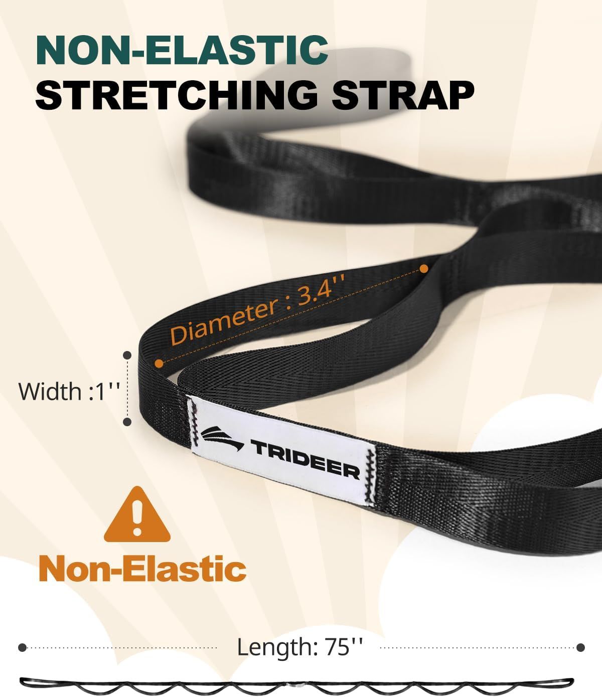 Communicates the exact physical measurements of the strap (width, diameter, and length) to help shoppers understand the product's size and fit for their needs. Highlights the non-elastic material…