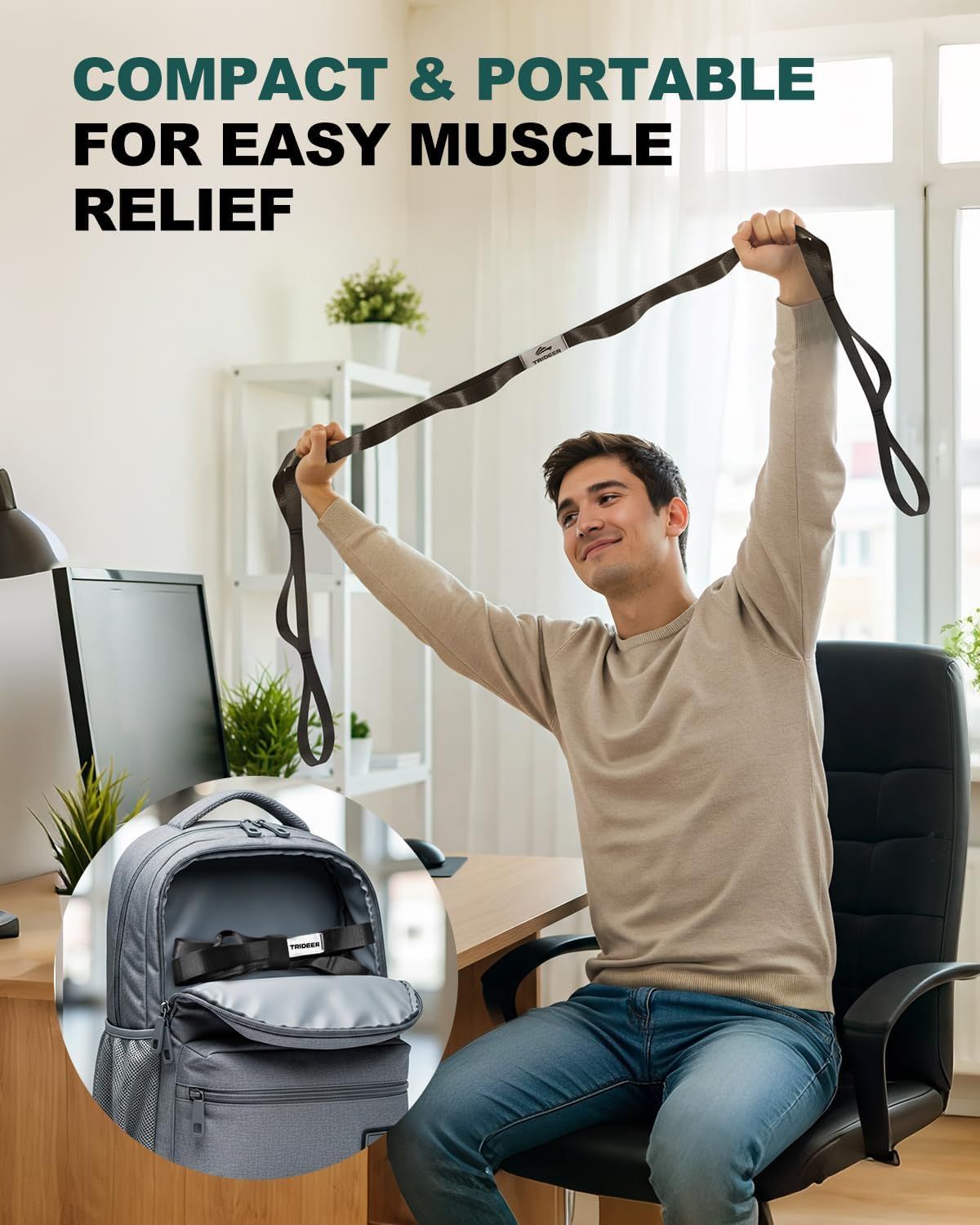 Demonstrates that the muscle relief product is compact and portable, making it easy to use anywhere including at the office, and can be conveniently stored in a backpack for on-the-go relief.