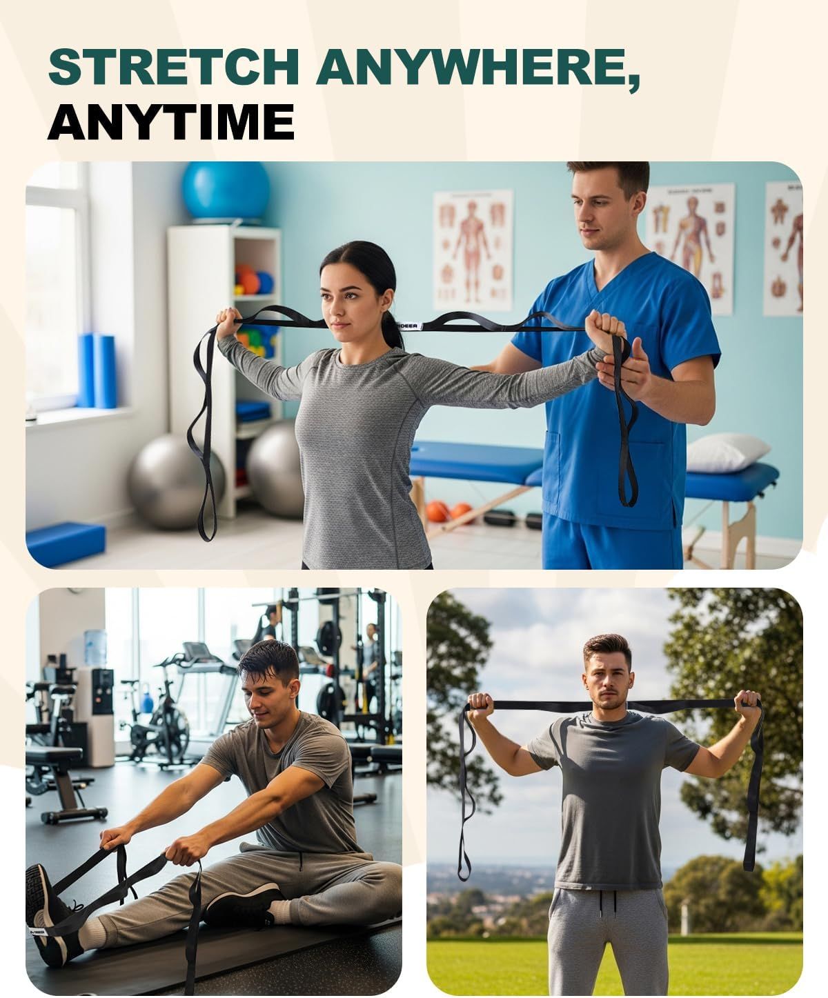 Demonstrates the product can be used in multiple settings—physical therapy clinic, indoor gym, and outdoor park—to communicate versatility and convenience for stretching anywhere, anytime.